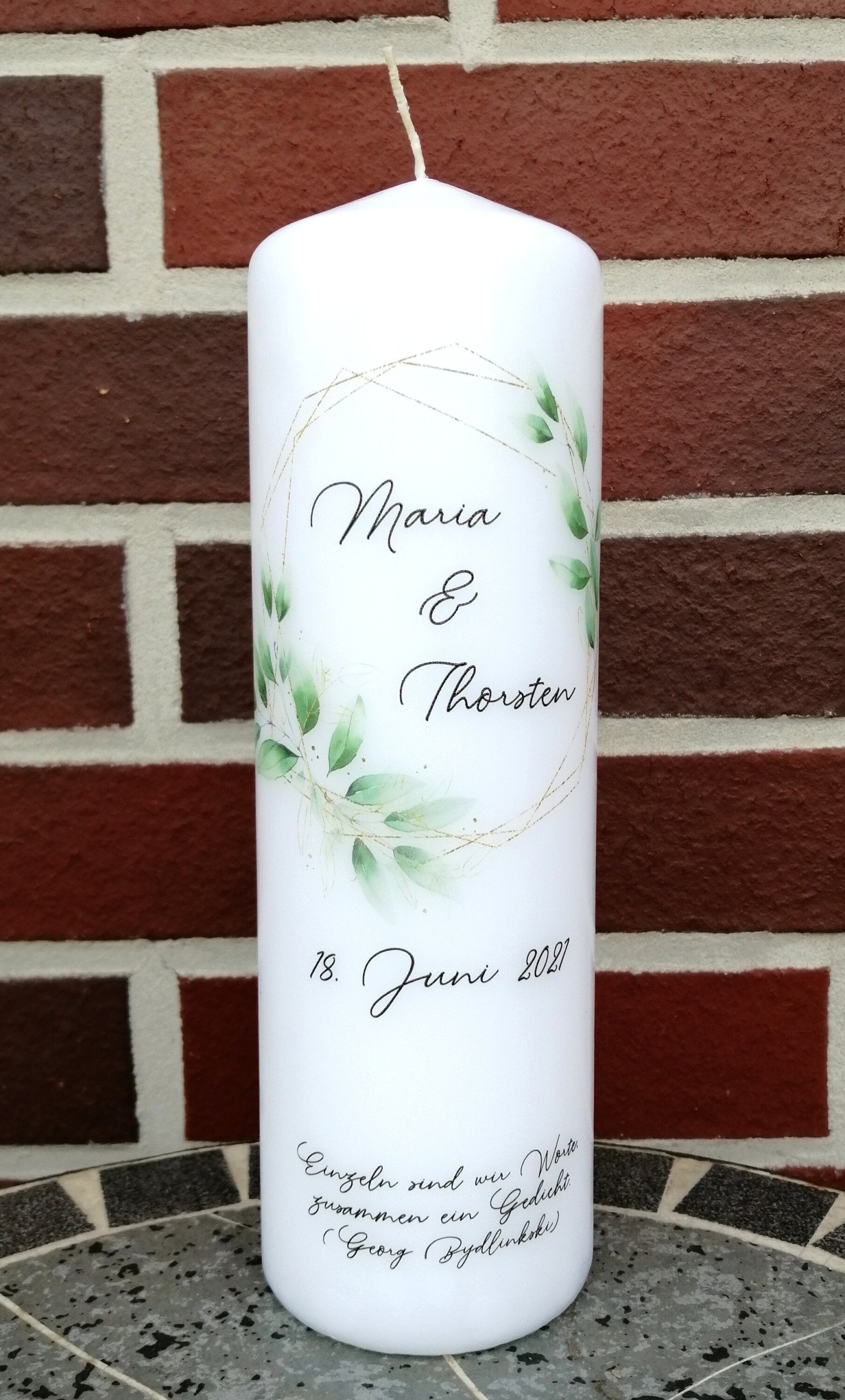 Hochzeitskerze personalisiert mit Namen und Trauspruch "Rahmen gold Blätter" / Hochzeit/ Familie/ Trauung/ Hochzeitsgeschenk