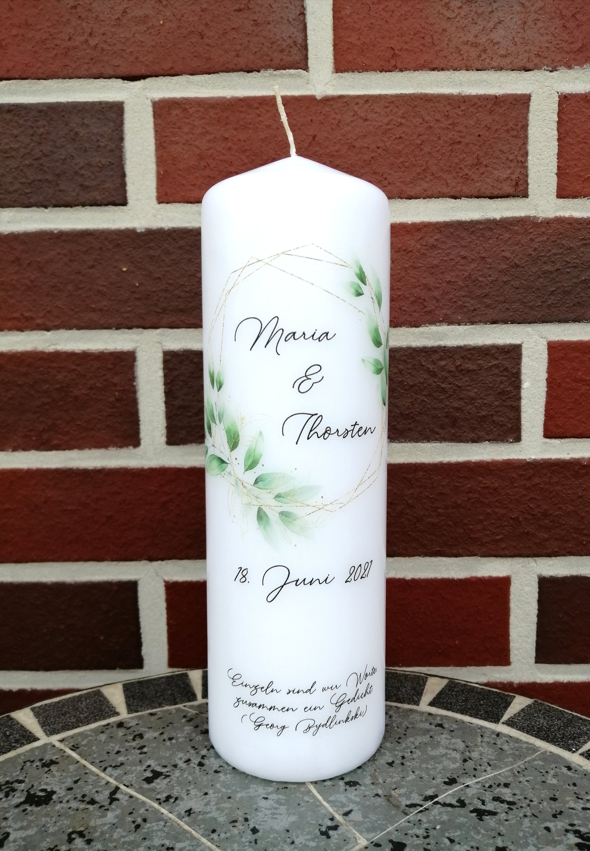 Hochzeitskerze personalisiert mit Namen und Trauspruch "Rahmen gold Blätter" / Hochzeit/ Familie/ Trauung/ Hochzeitsgeschenk