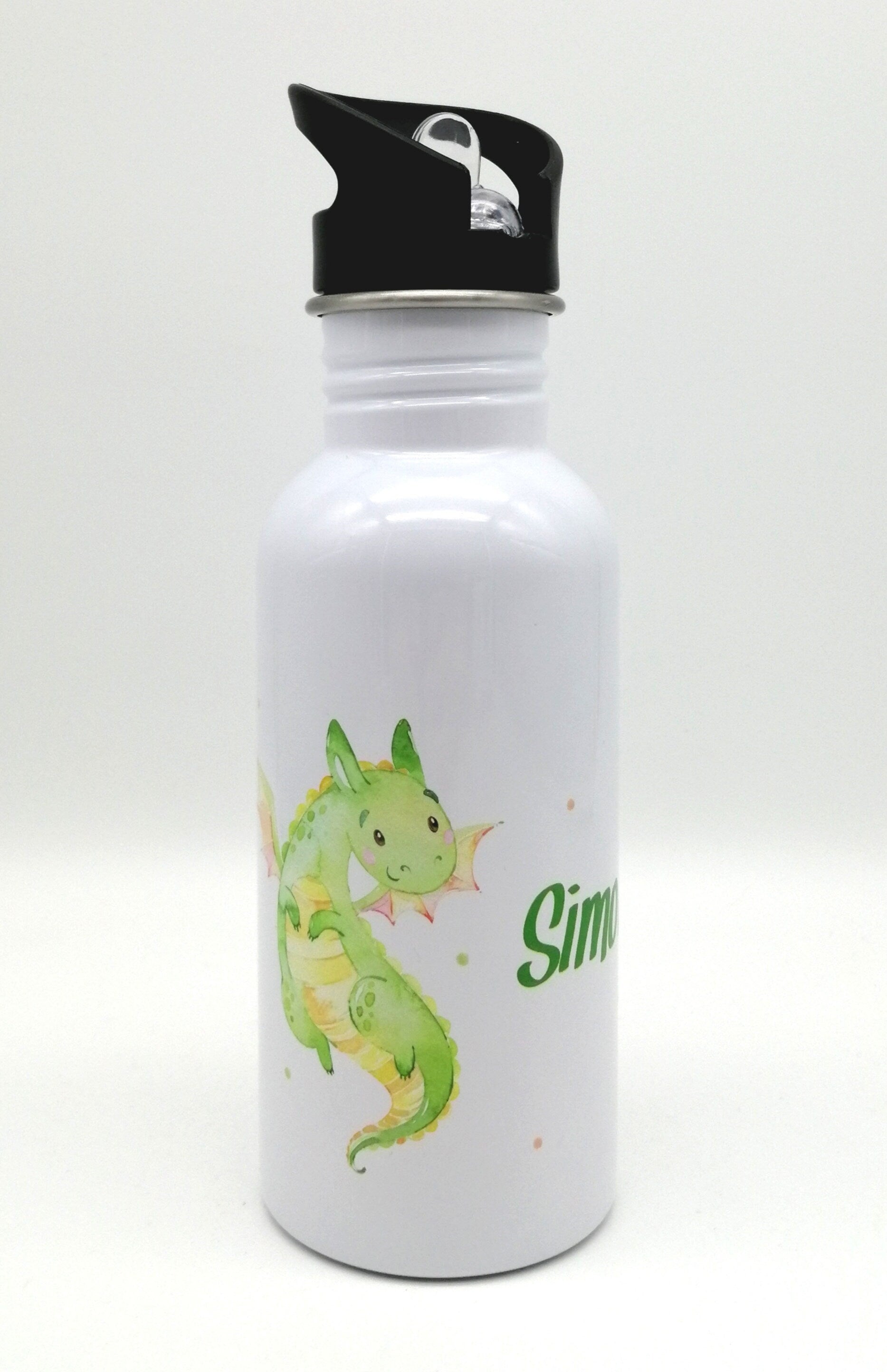 Trinkflasche mit Namen "Drache grün"/ Kindergarten/ Schule/ Sport/ 500ml mit Strohhalm