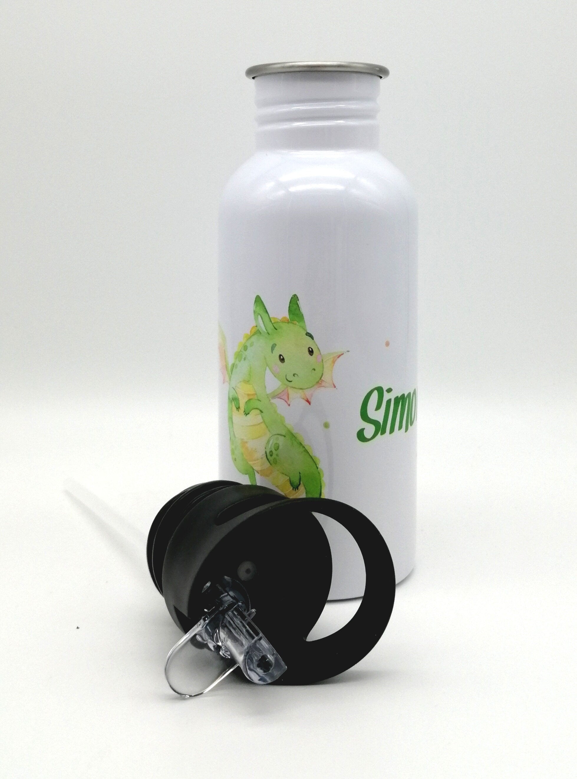 Trinkflasche mit Namen "Drache grün"/ Kindergarten/ Schule/ Sport/ 500ml mit Strohhalm