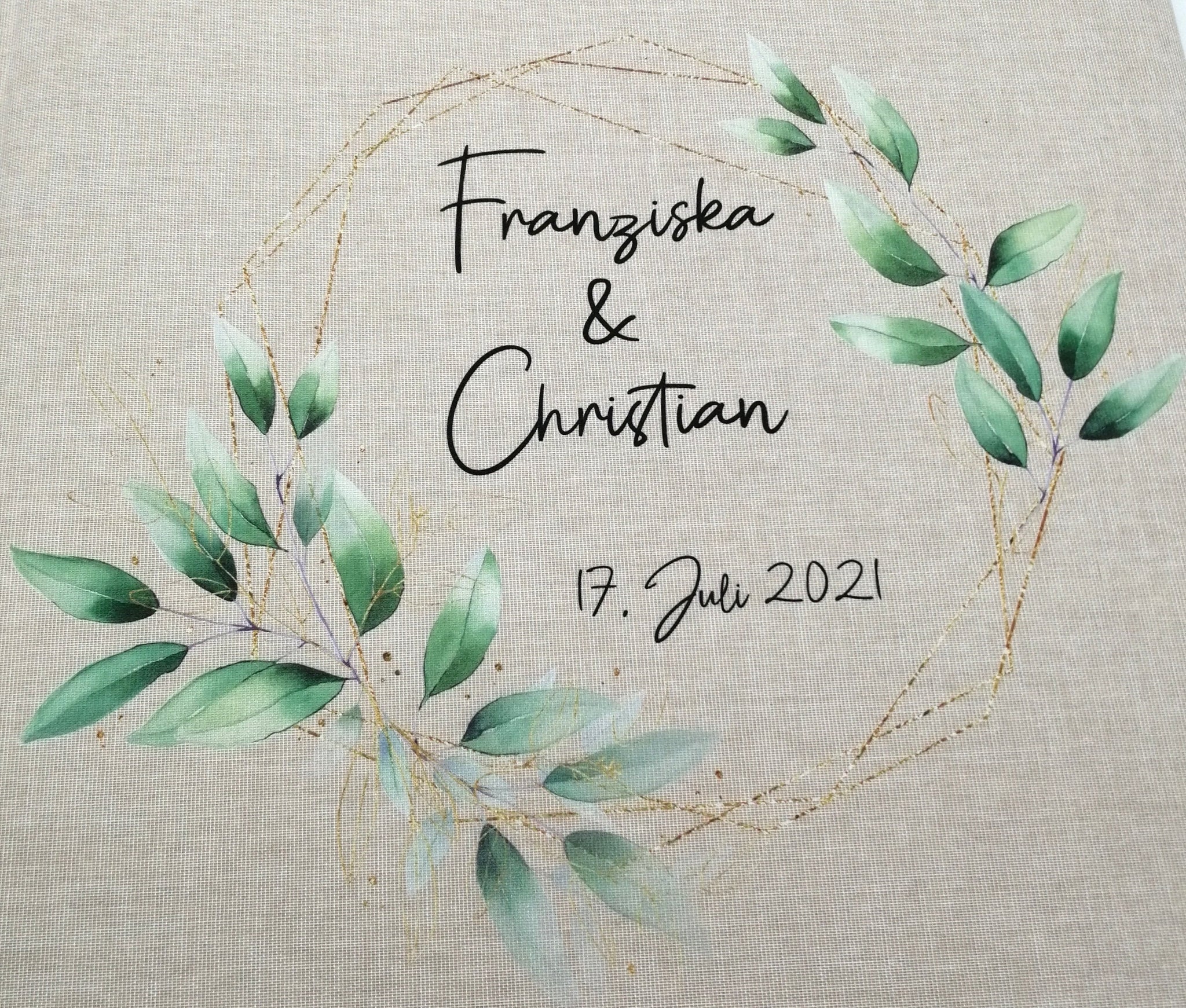 Fotoalbum personalisiert Hochzeit "Rahmen Blätter" Leinen, Erinnerungsalbum