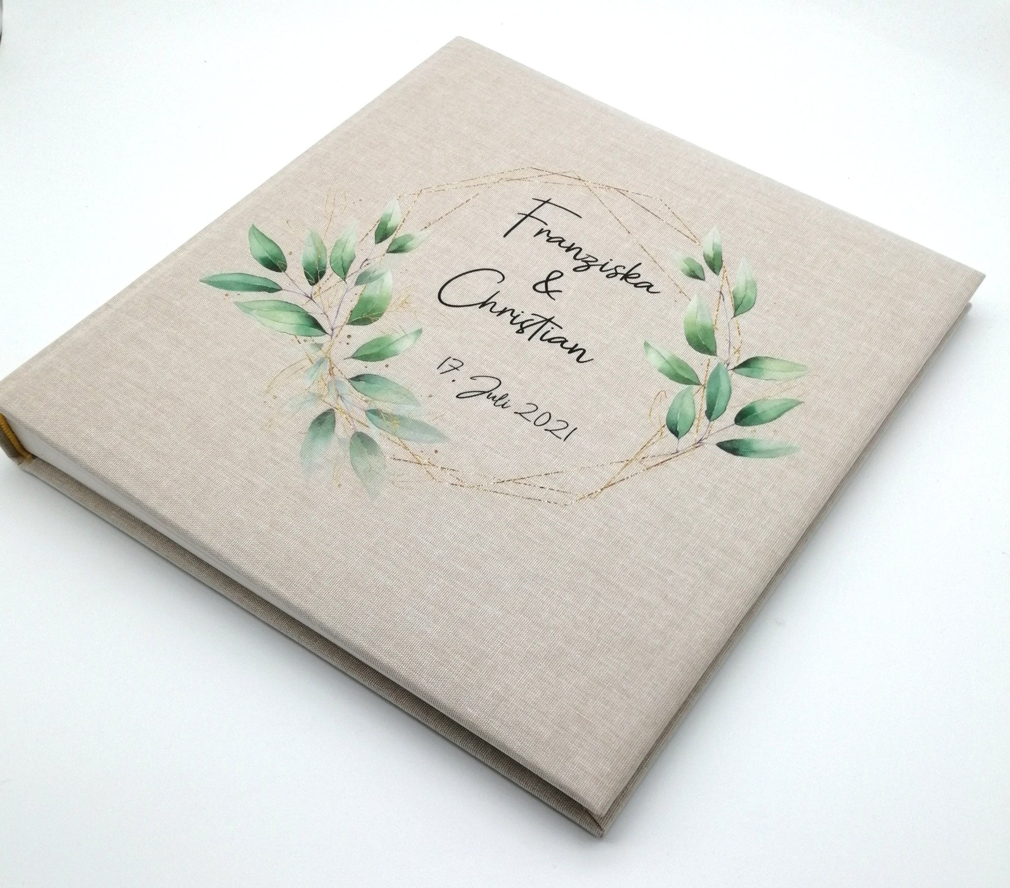 Fotoalbum personalisiert Hochzeit "Rahmen Blätter" Leinen, Erinnerungsalbum