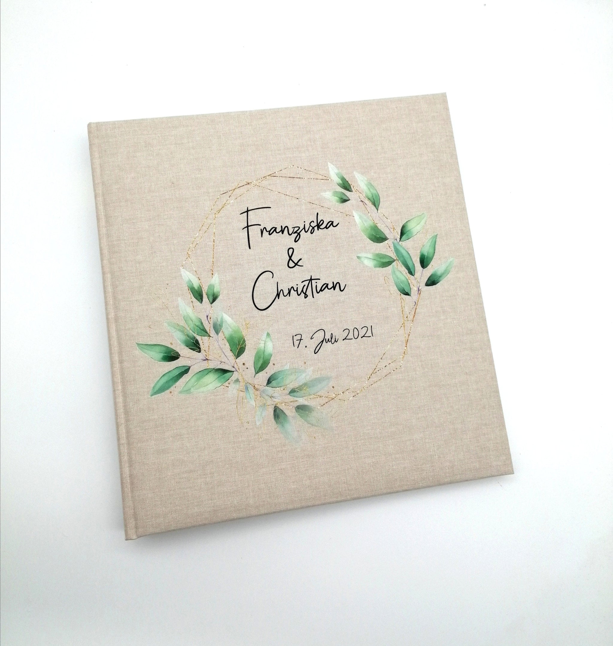Fotoalbum personalisiert Hochzeit "Rahmen Blätter" Leinen, Erinnerungsalbum