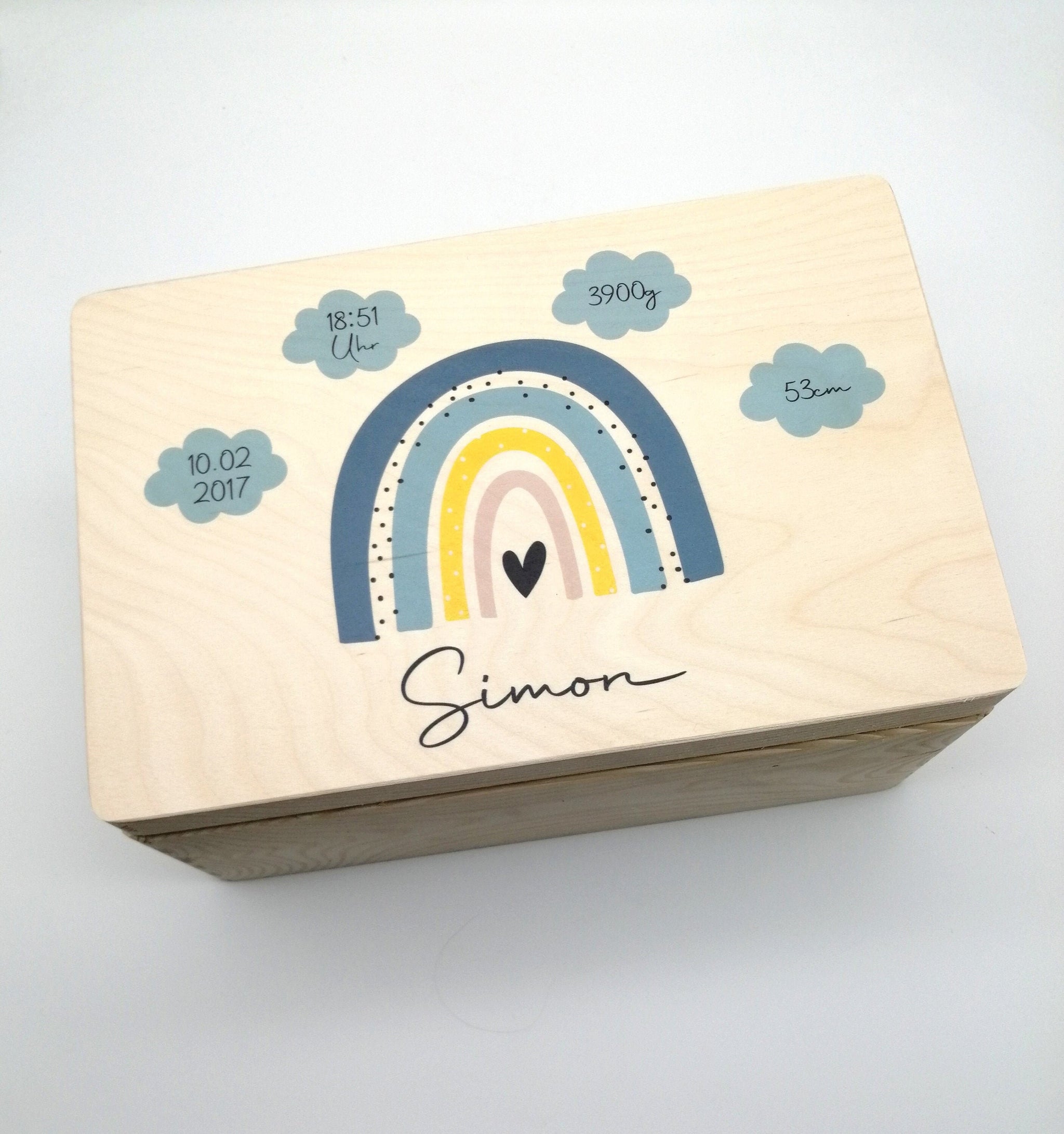 Erinnerungskiste Baby mit Namen "Regenbogen blau Wolken" Geburtsdatum Erinnerungsbox für Kinder