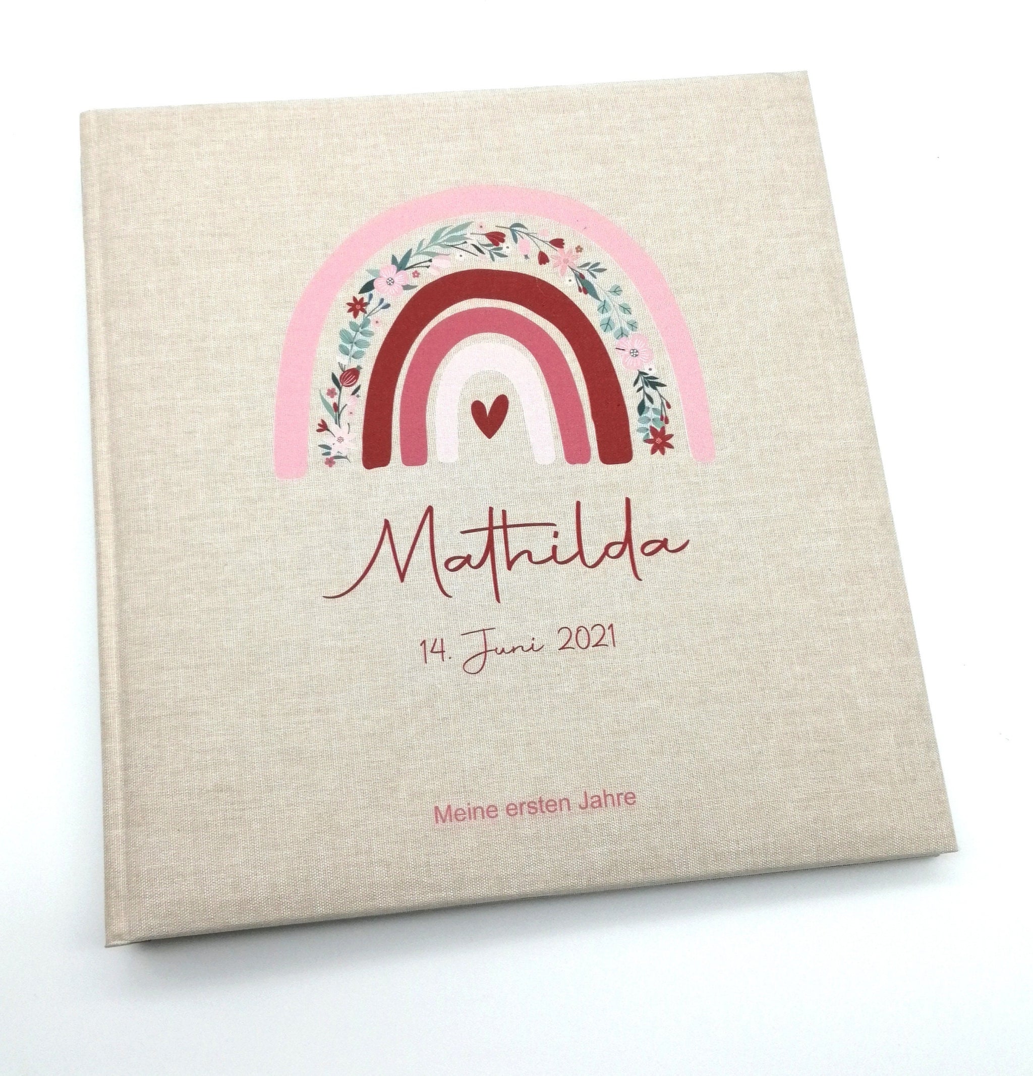 Fotoalbum personalisiert Baby, Kind "Regenbogen Blumen" Leinen, Erinnerungsalbum