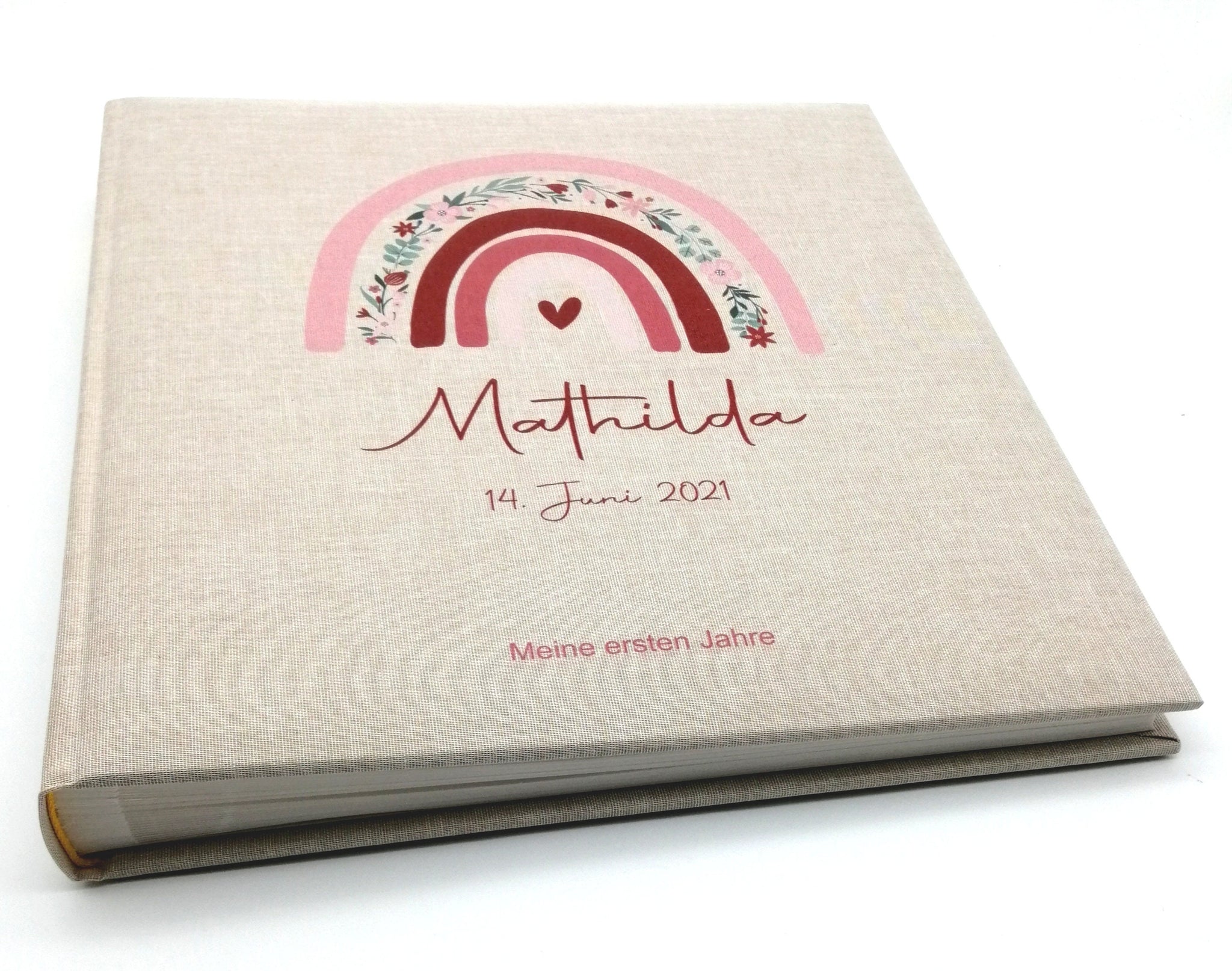 Fotoalbum personalisiert Baby, Kind "Regenbogen Blumen" Leinen, Erinnerungsalbum