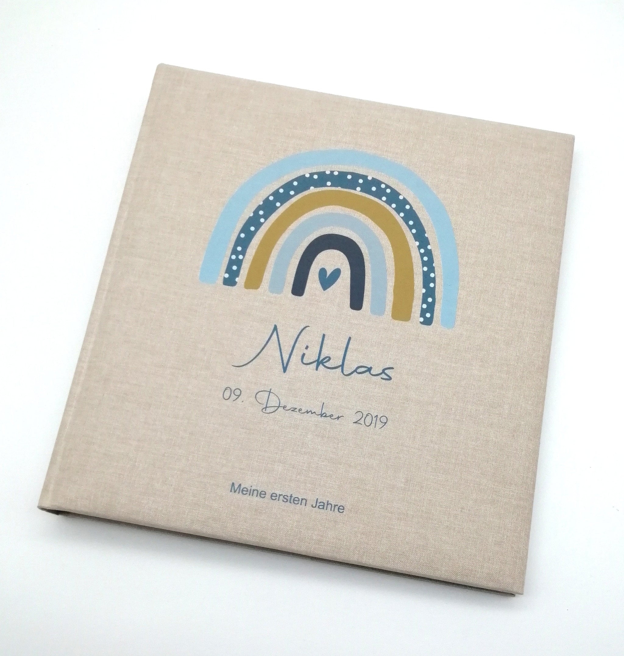 Fotoalbum personalisiert Baby, Kind "Regenbogen Punkte" Leinen, Erinnerungsalbum
