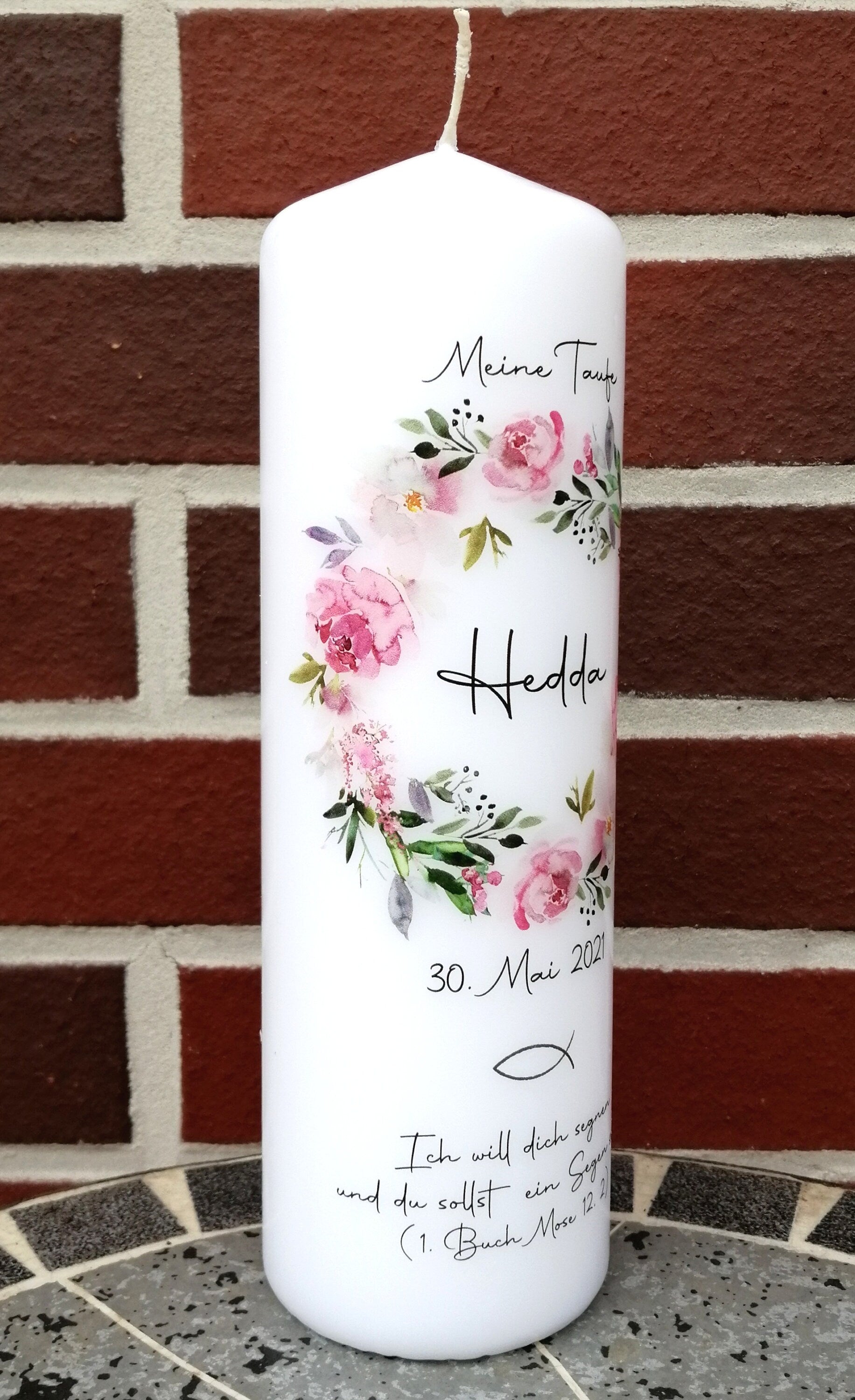 Taufkerze personalisiert mit Namen Datum und Taufspruch "Blumenkranz 2", Junge/ Mädchen, individuell gestaltete Taufkerze