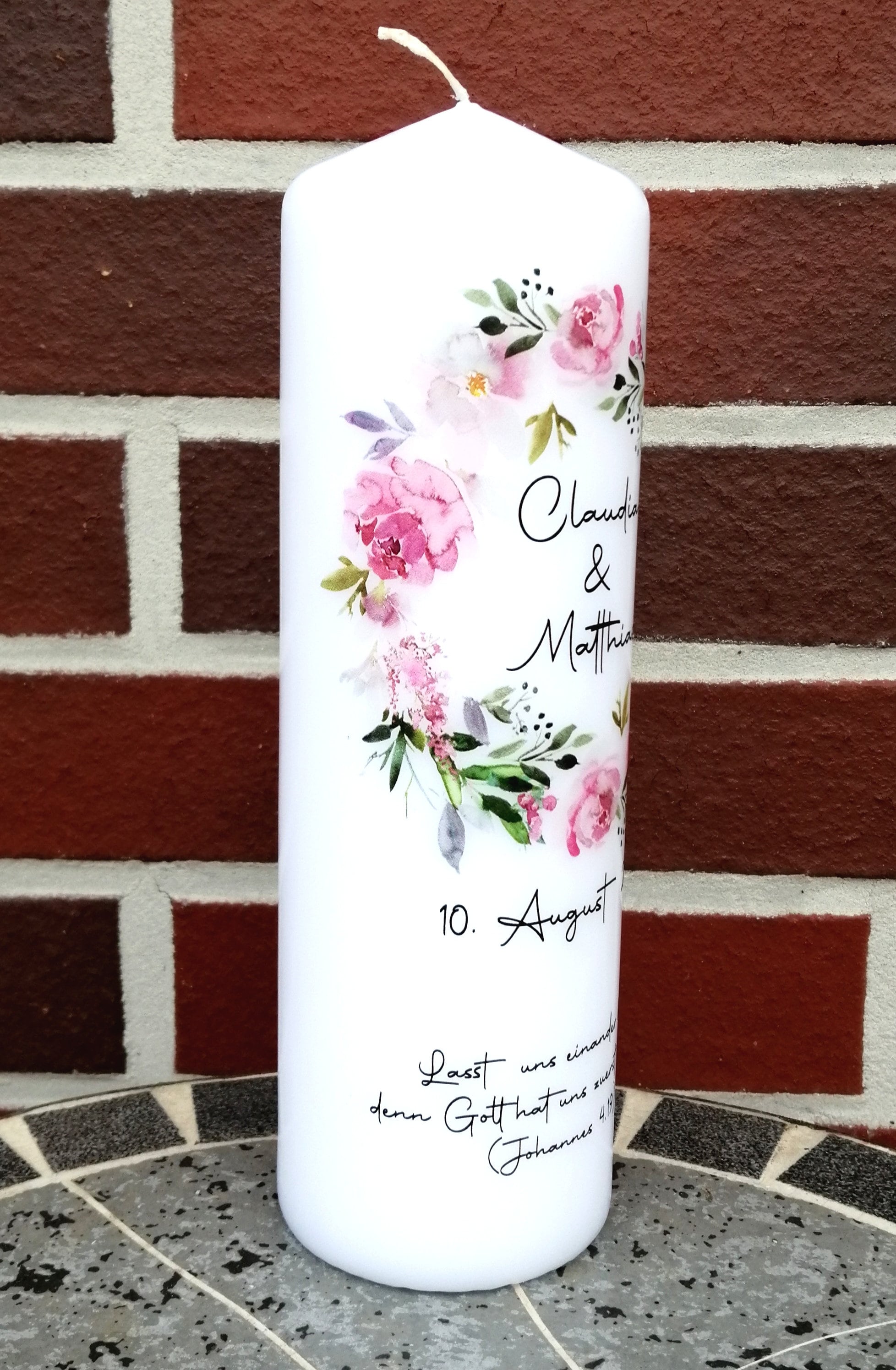 Hochzeitskerze personalisiert mit Namen und Trauspruch "Blumenkranz 2" / Hochzeit/ Familie/ Trauung/ Hochzeitsgeschenk/ Traukerze