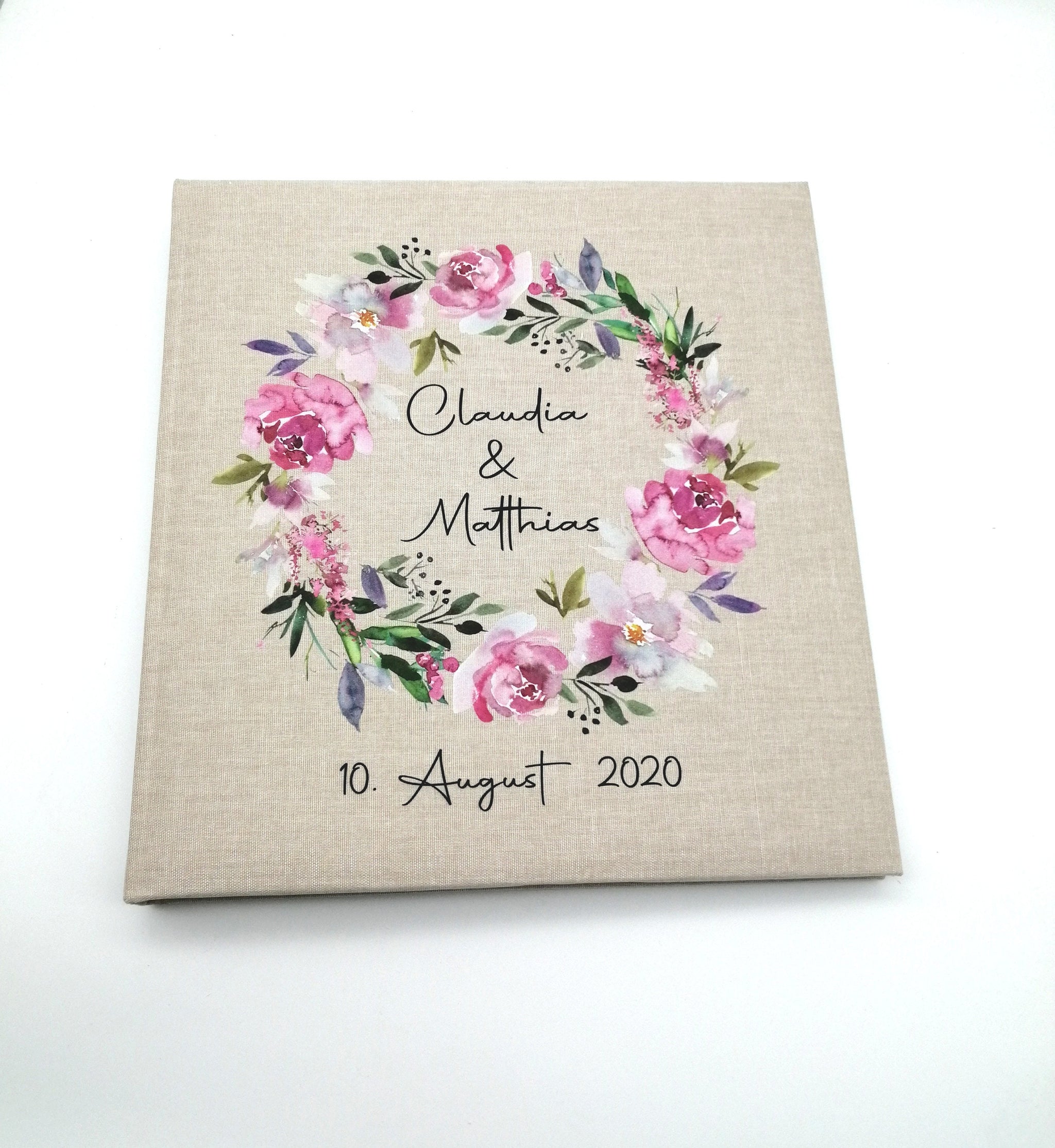 Fotoalbum personalisiert Hochzeit "Blumenkranz 2" Leinen, Erinnerungsalbum