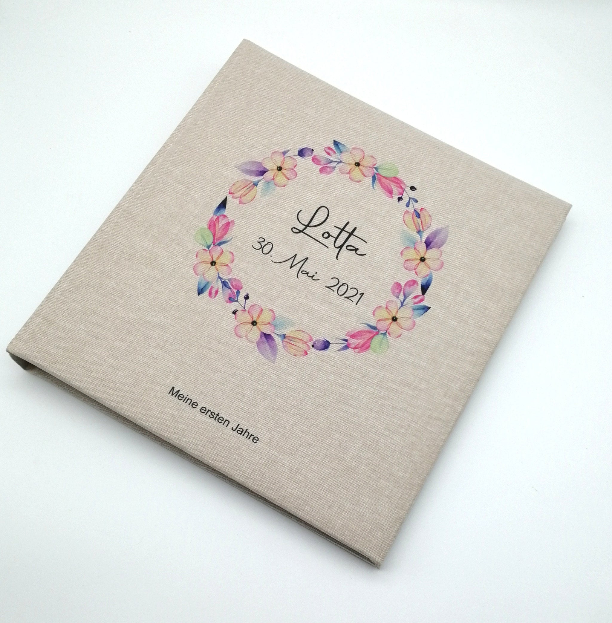 Fotoalbum personalisiert Baby, Kind "Blumenkranz" Leinen, Erinnerungsalbum