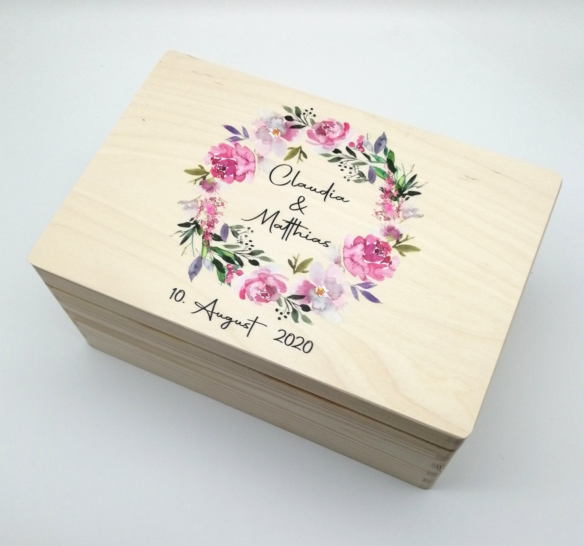 Erinnerungskiste Hochzeit mit Namen "Blumenkranz 2" Hochzeitsdatum Erinnerungsbox zur Trauung