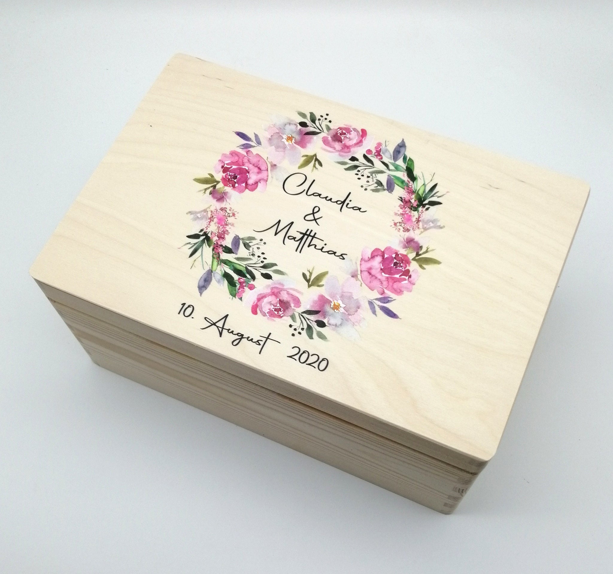 Erinnerungskiste Hochzeit mit Namen "Blumenkranz 2" Hochzeitsdatum Erinnerungsbox zur Trauung
