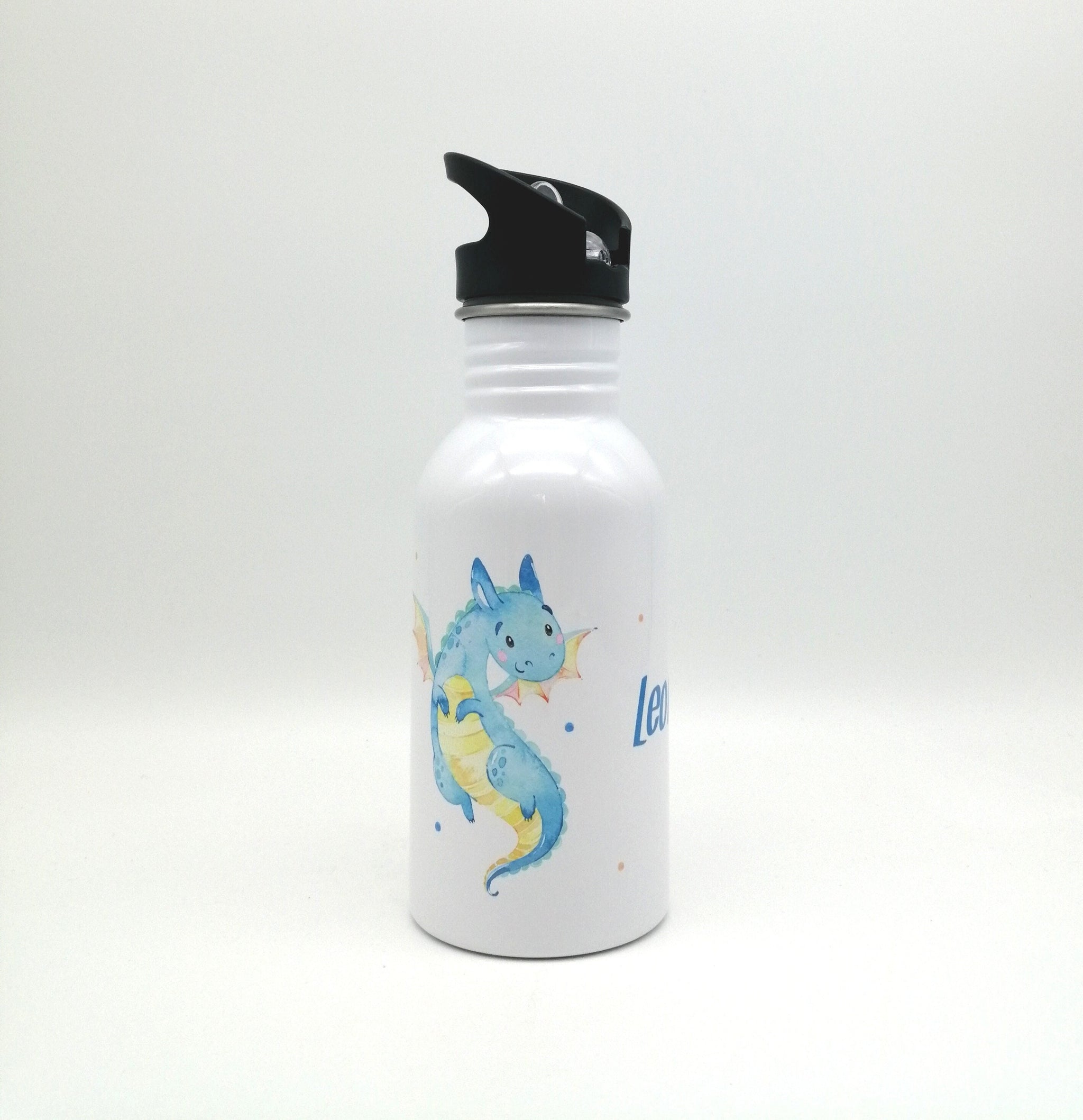 Trinkflasche mit Namen "Drache blau"/ Kindergarten/ Schule/ Sport/ 500ml mit Strohhalm