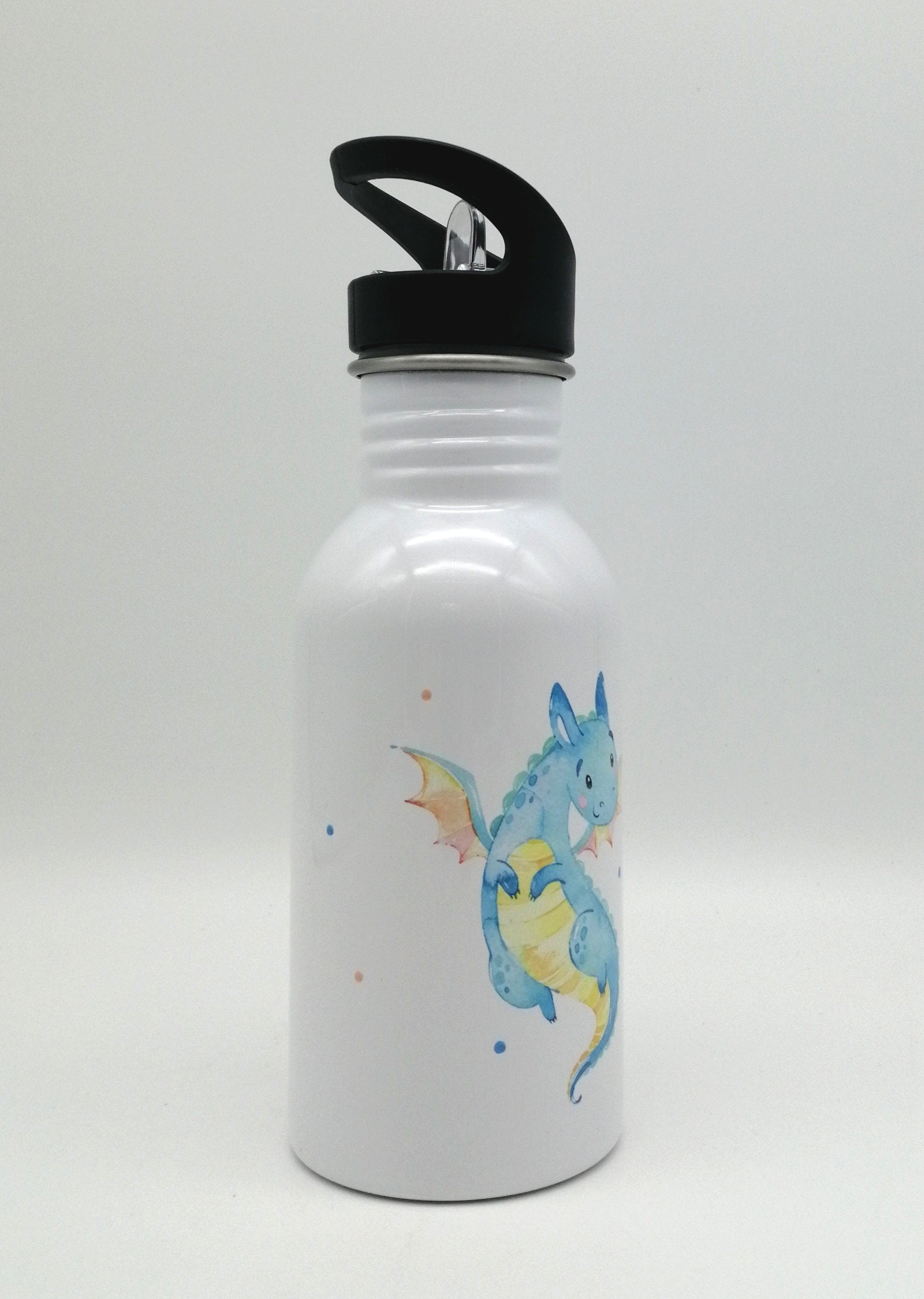 Trinkflasche mit Namen "Drache blau"/ Kindergarten/ Schule/ Sport/ 500ml mit Strohhalm