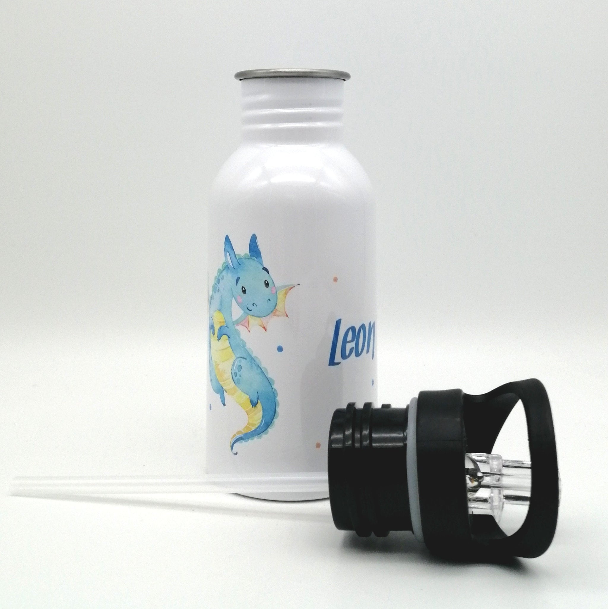 Trinkflasche mit Namen "Drache blau"/ Kindergarten/ Schule/ Sport/ 500ml mit Strohhalm