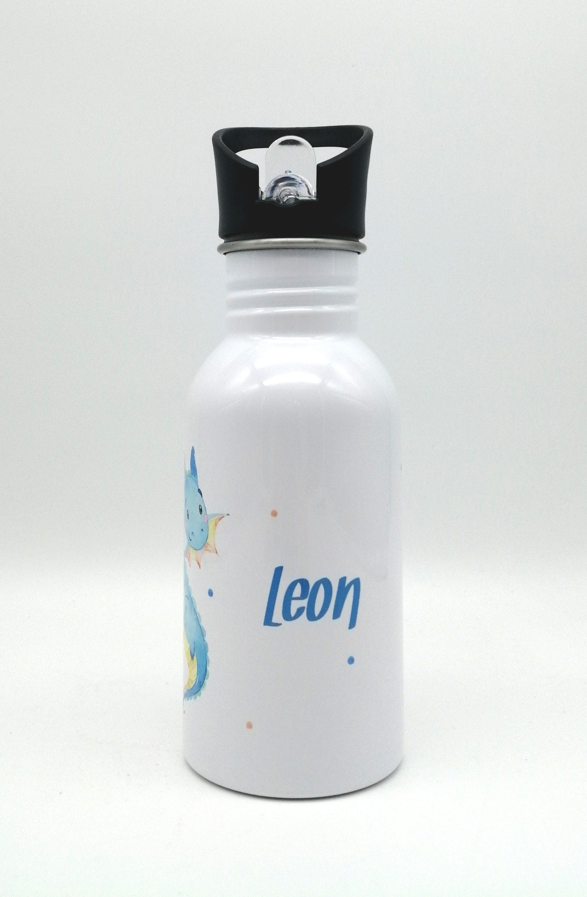 Trinkflasche mit Namen "Drache blau"/ Kindergarten/ Schule/ Sport/ 500ml mit Strohhalm