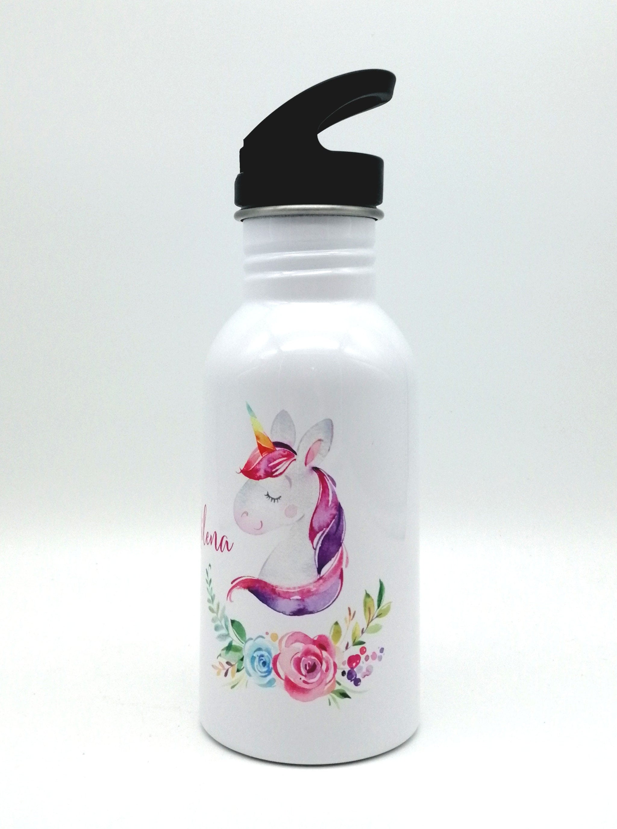 Trinkflasche mit Namen "Einhorn Blumen"/ Kindergarten/ Schule/ Sport/ 500ml mit Strohhalm