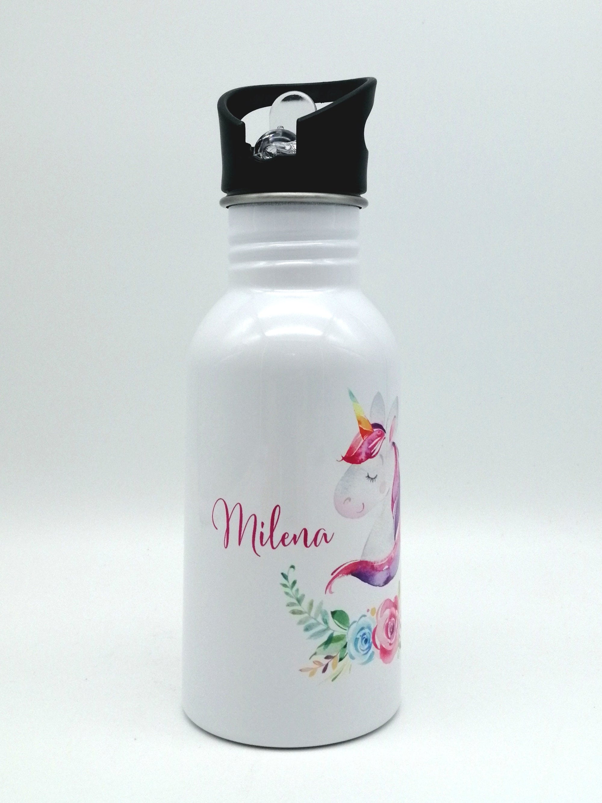 Trinkflasche mit Namen "Einhorn Blumen"/ Kindergarten/ Schule/ Sport/ 500ml mit Strohhalm