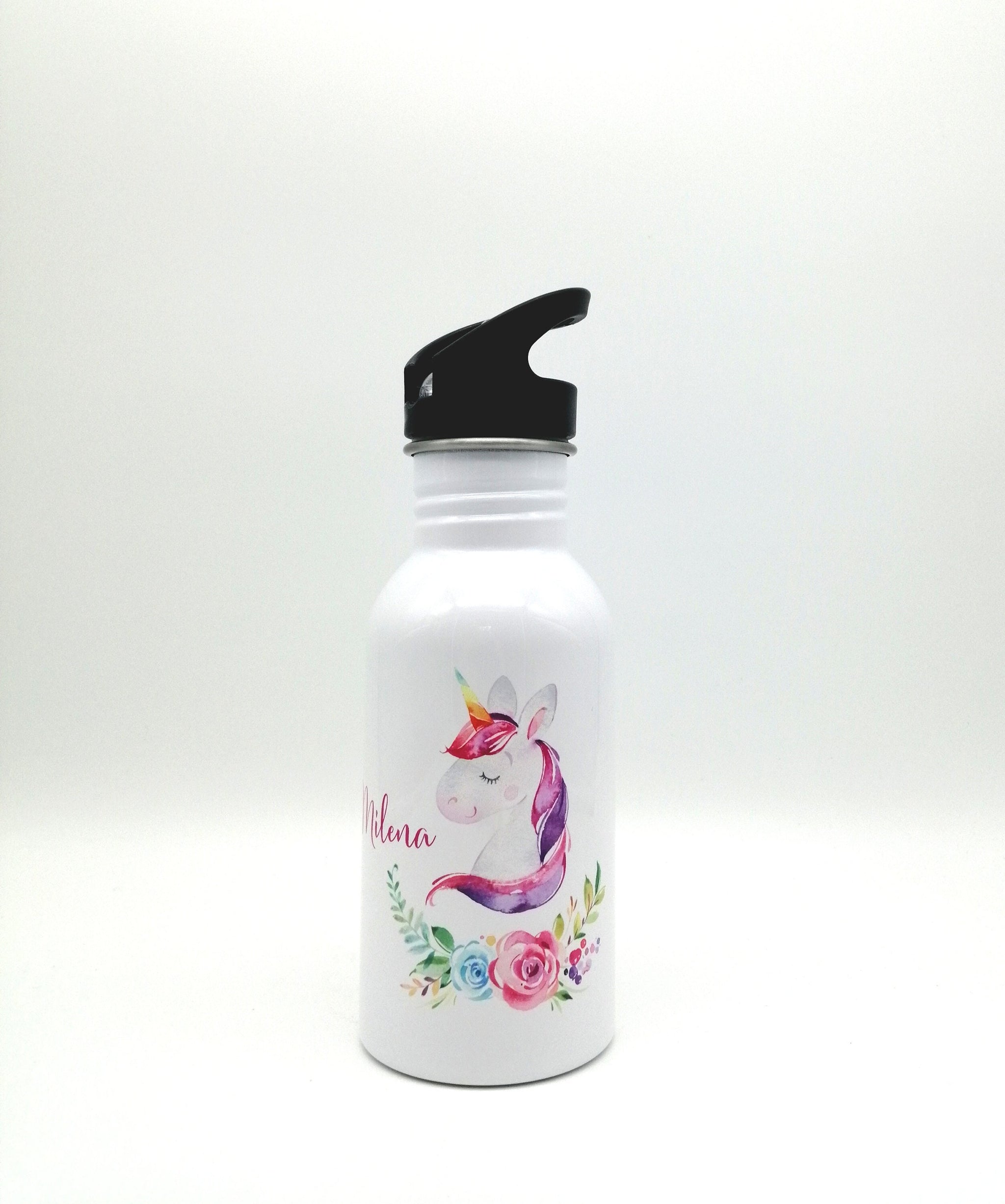 Trinkflasche mit Namen "Einhorn Blumen"/ Kindergarten/ Schule/ Sport/ 500ml mit Strohhalm