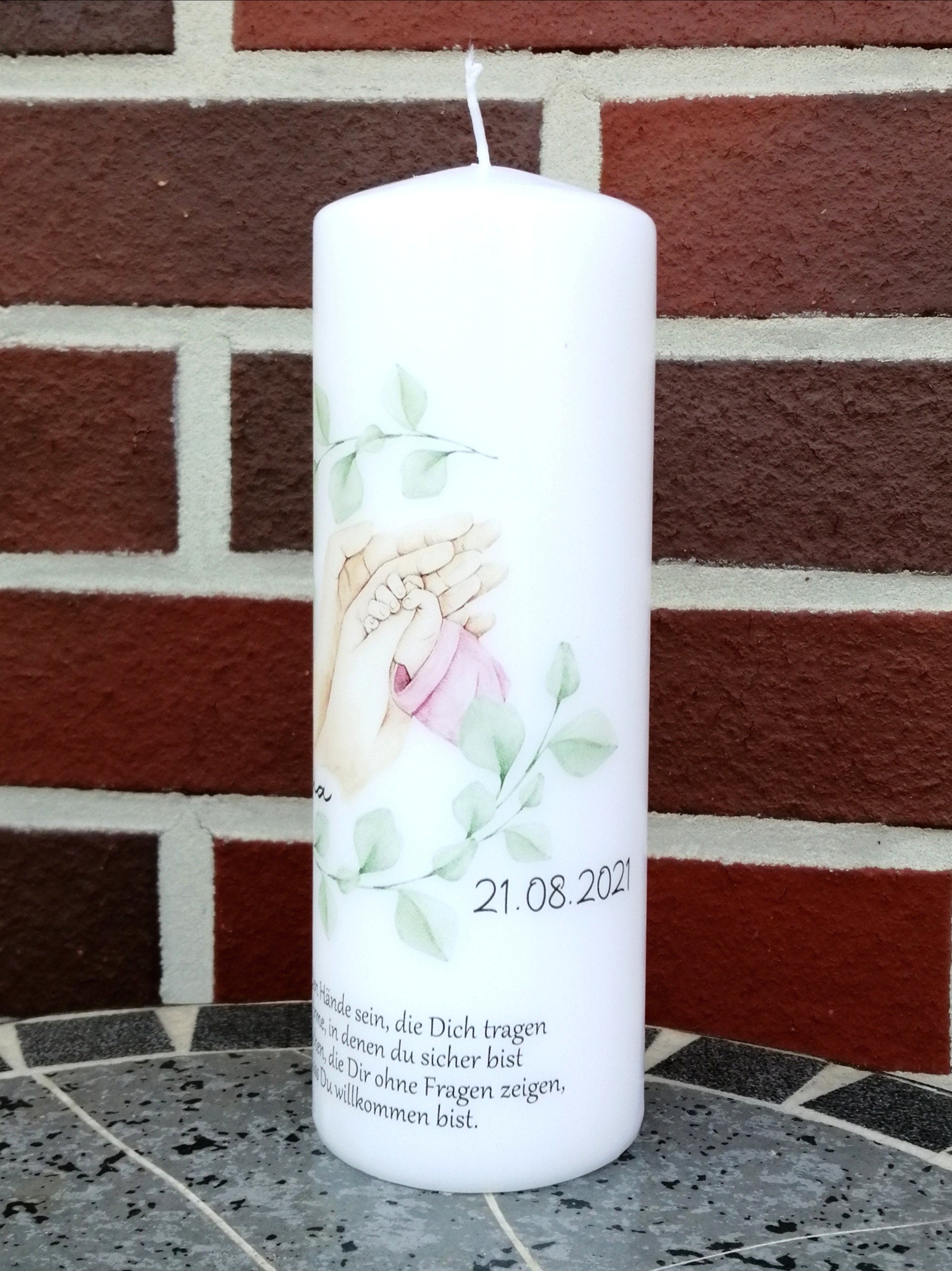 Geburtstagskerze/ Geburtskerze personalisiert mit Namen und Geburtsdatum "Hände Baby rosa" / Geburt/ Taufe/ Geburtstag