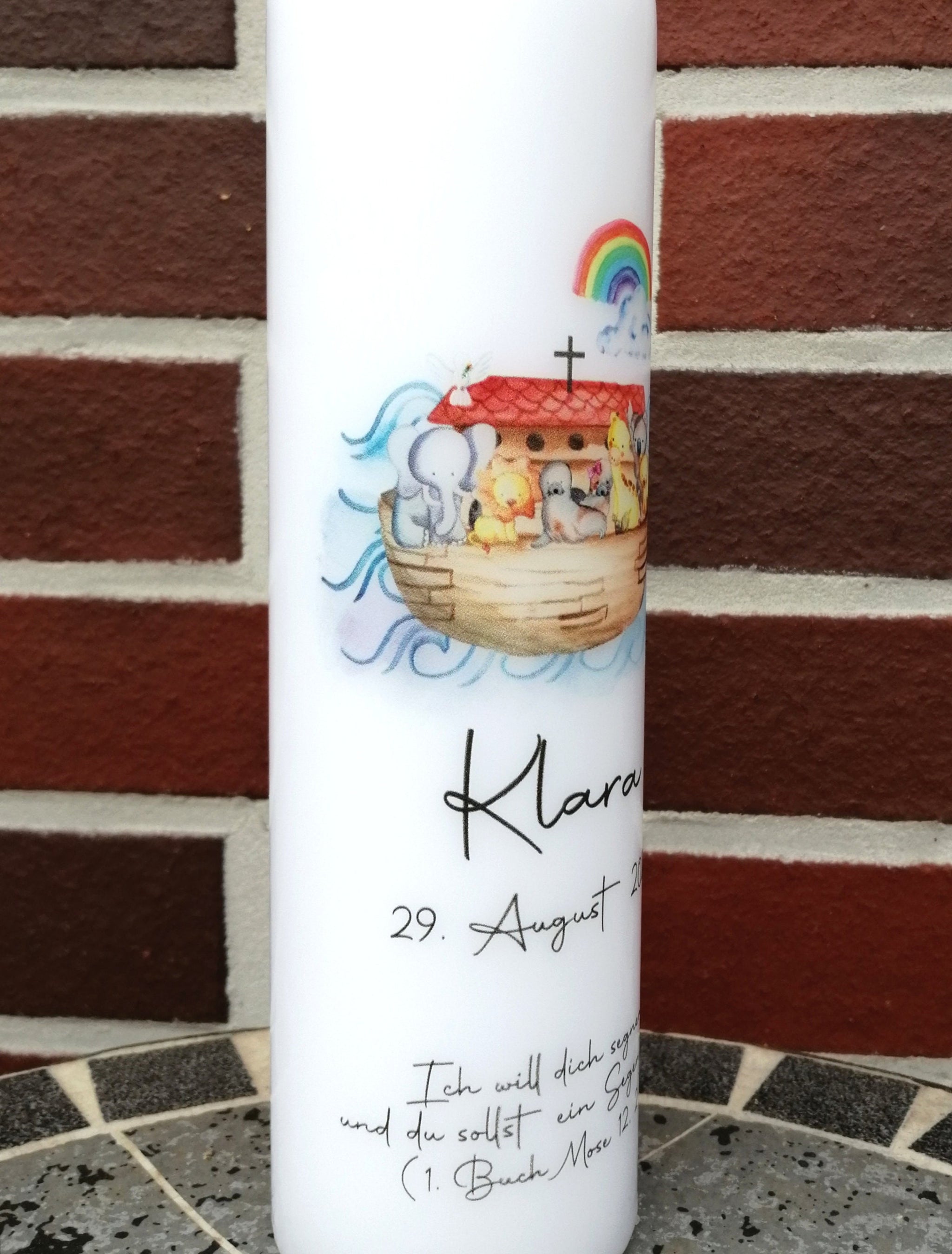 Taufkerze personalisiert mit Namen Datum und Taufspruch "Arche Kreuz", Junge/ Mädchen