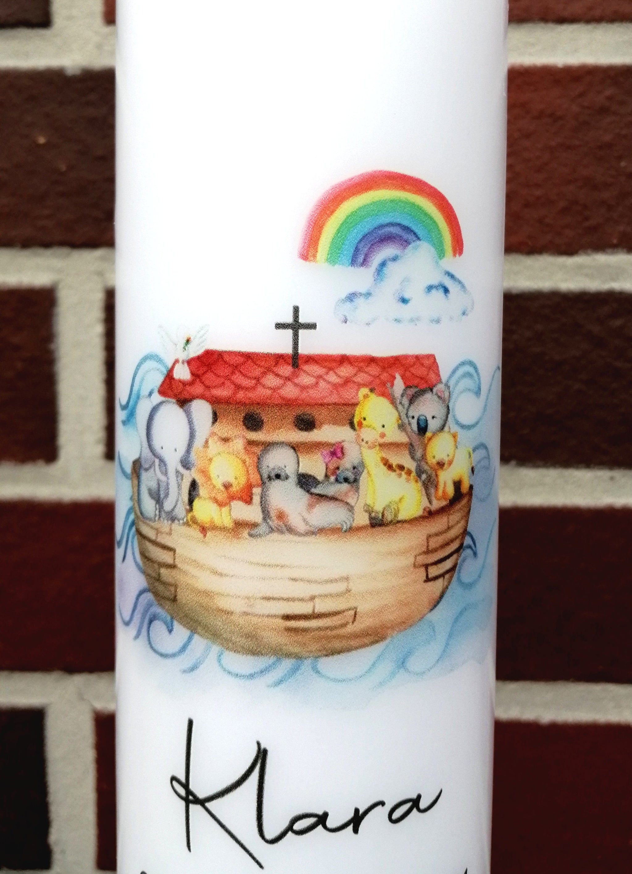 Taufkerze personalisiert mit Namen Datum und Taufspruch "Arche Kreuz", Junge/ Mädchen