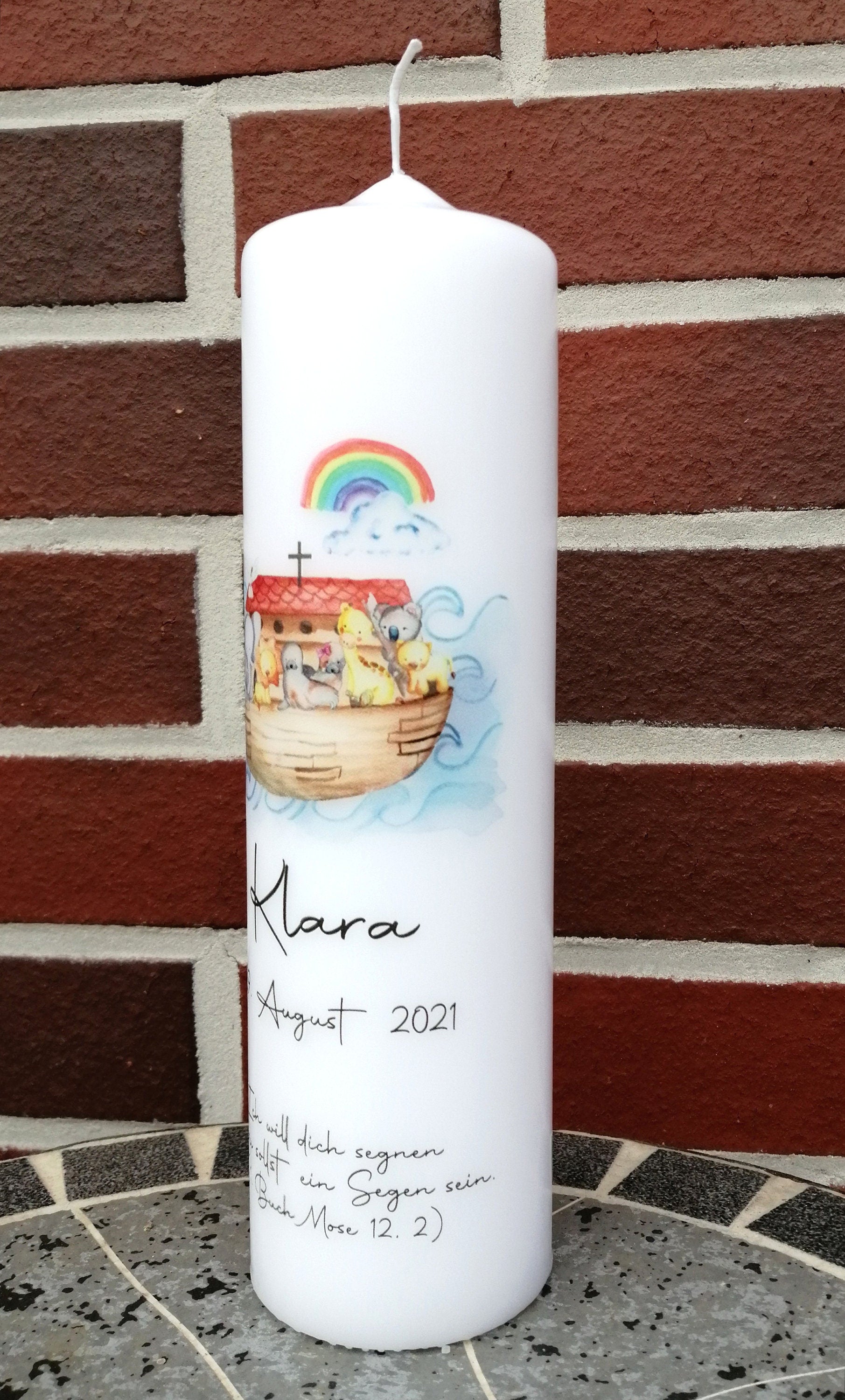 Taufkerze personalisiert mit Namen Datum und Taufspruch "Arche Kreuz", Junge/ Mädchen