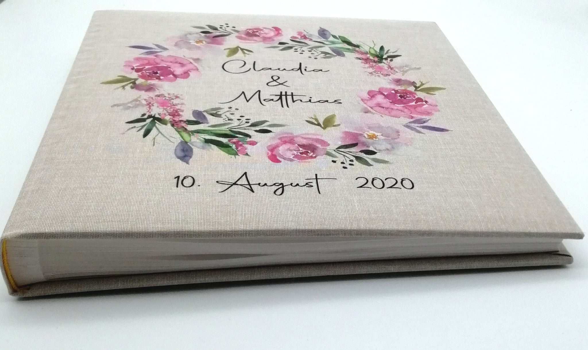 Fotoalbum personalisiert Hochzeit "Blumenkranz 2" Leinen, Erinnerungsalbum