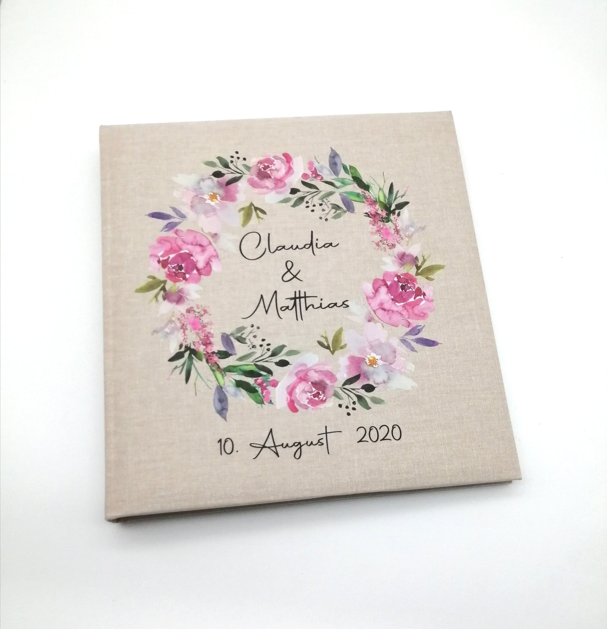 Fotoalbum personalisiert Hochzeit "Blumenkranz 2" Leinen, Erinnerungsalbum