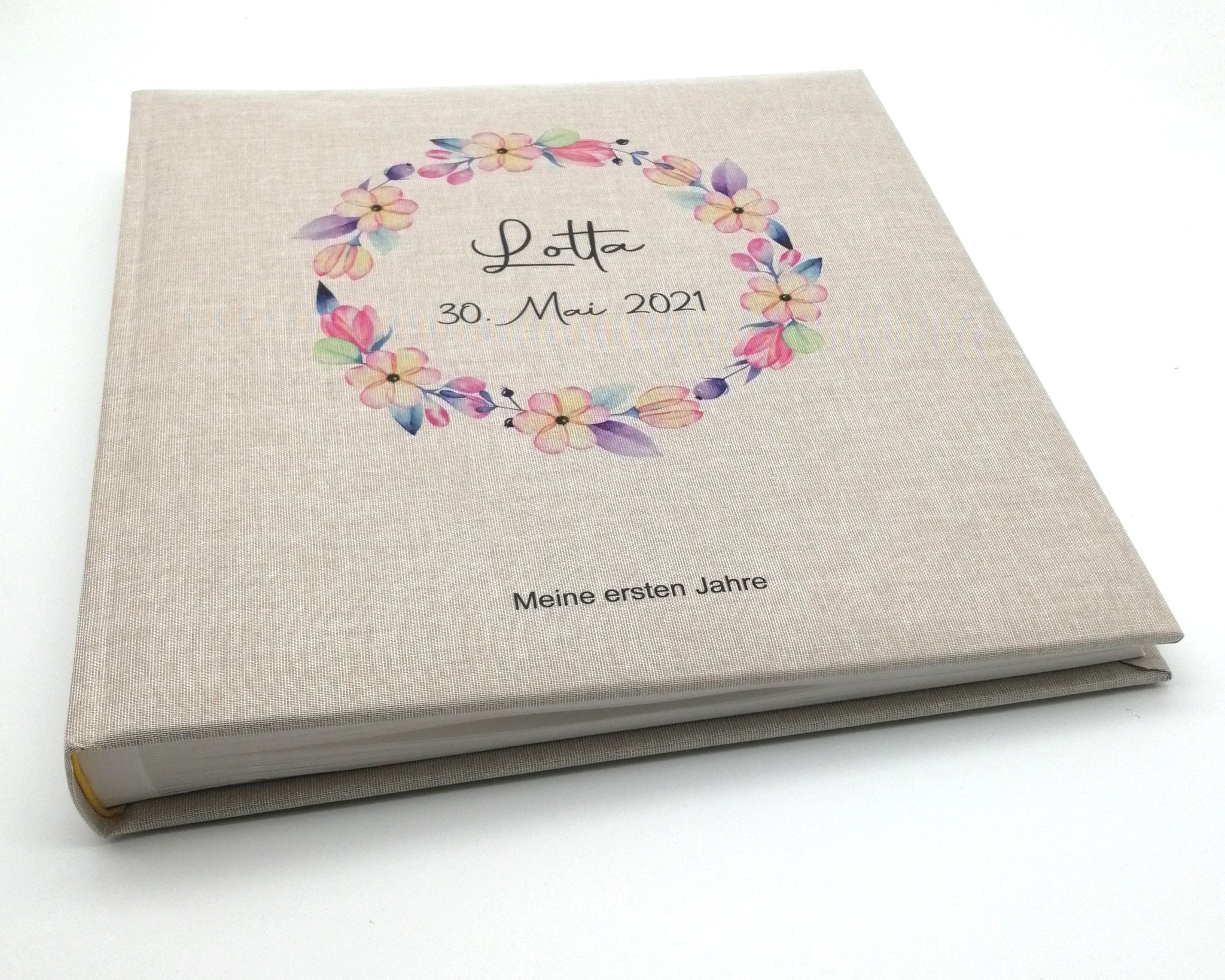 Fotoalbum personalisiert Baby, Kind "Blumenkranz" Leinen, Erinnerungsalbum