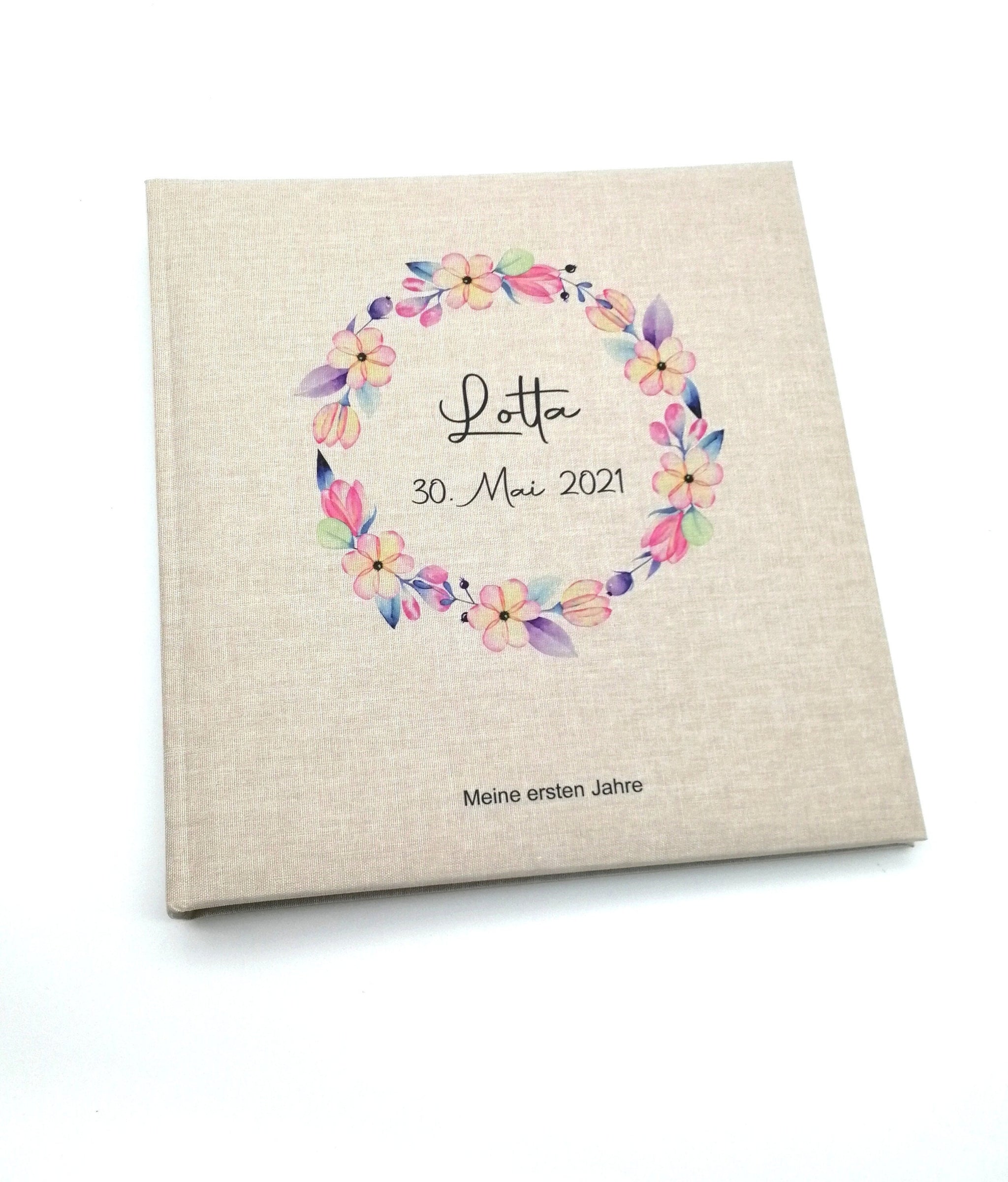 Fotoalbum personalisiert Baby, Kind "Blumenkranz" Leinen, Erinnerungsalbum