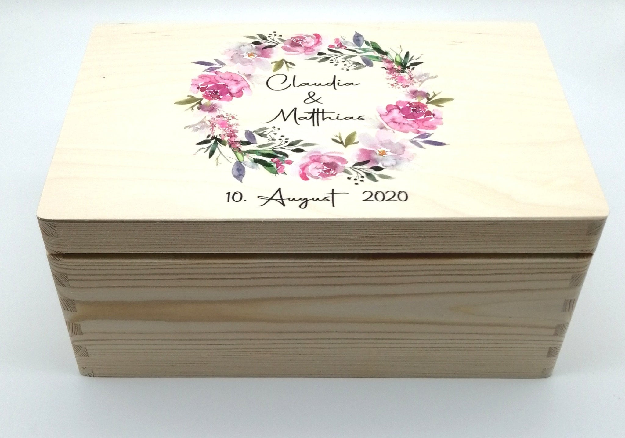 Erinnerungskiste Hochzeit mit Namen "Blumenkranz 2" Hochzeitsdatum Erinnerungsbox zur Trauung