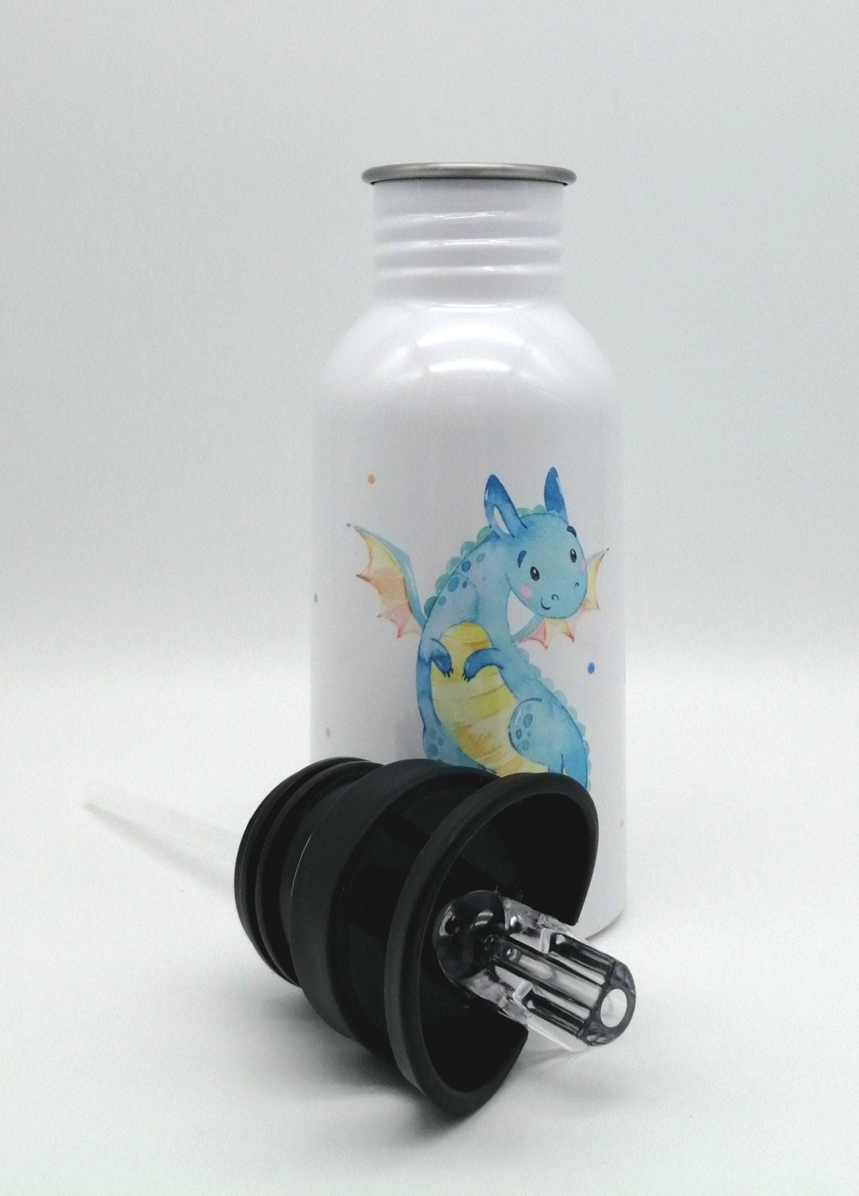 Trinkflasche mit Namen "Drache blau"/ Kindergarten/ Schule/ Sport/ 500ml mit Strohhalm