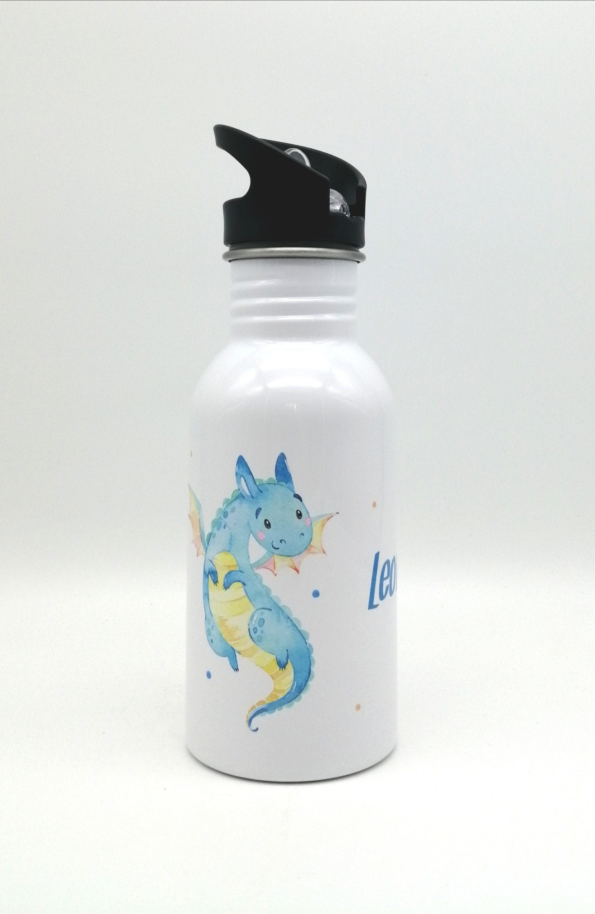Trinkflasche mit Namen "Drache blau"/ Kindergarten/ Schule/ Sport/ 500ml mit Strohhalm
