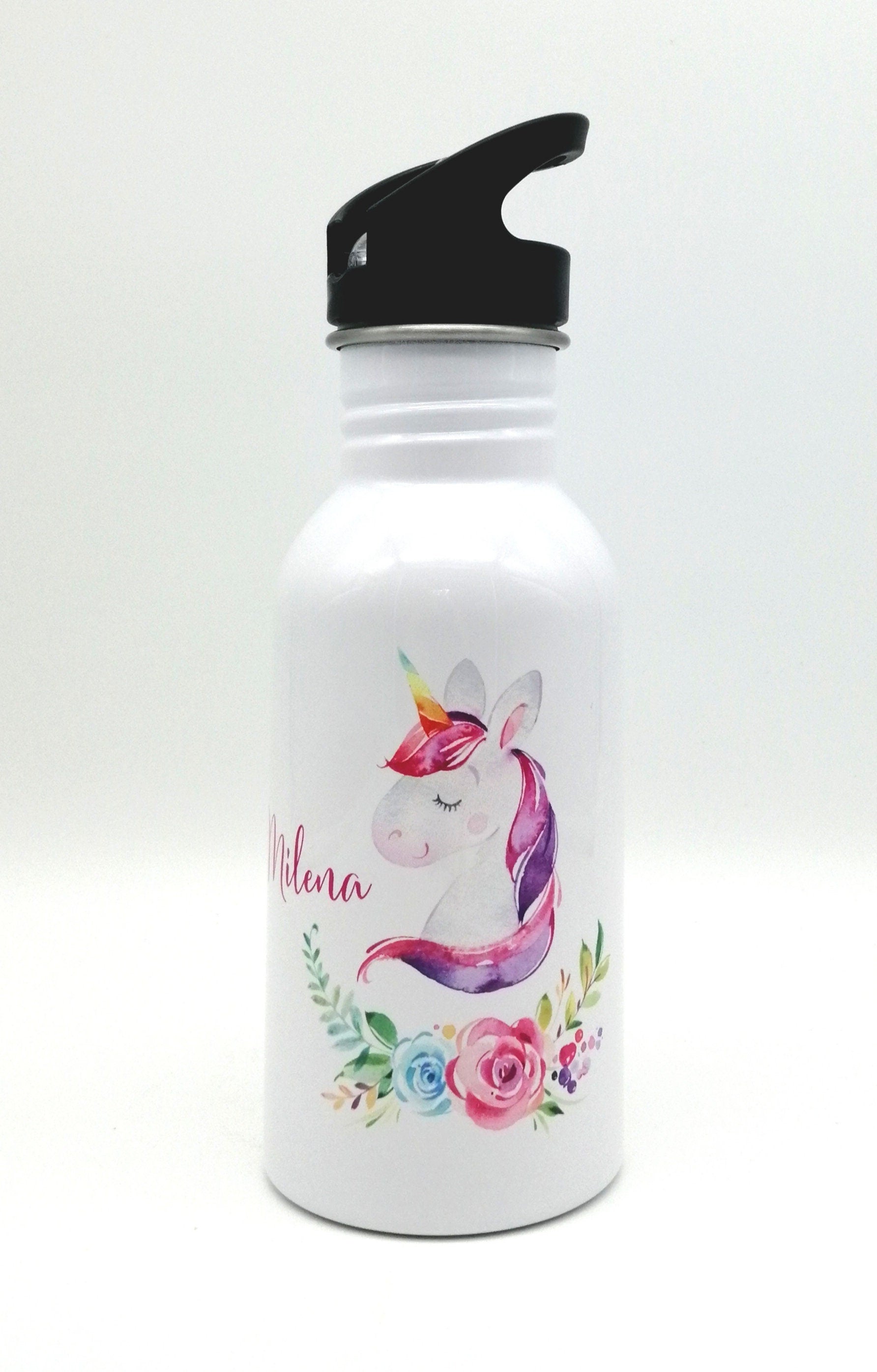 Trinkflasche mit Namen "Einhorn Blumen"/ Kindergarten/ Schule/ Sport/ 500ml mit Strohhalm