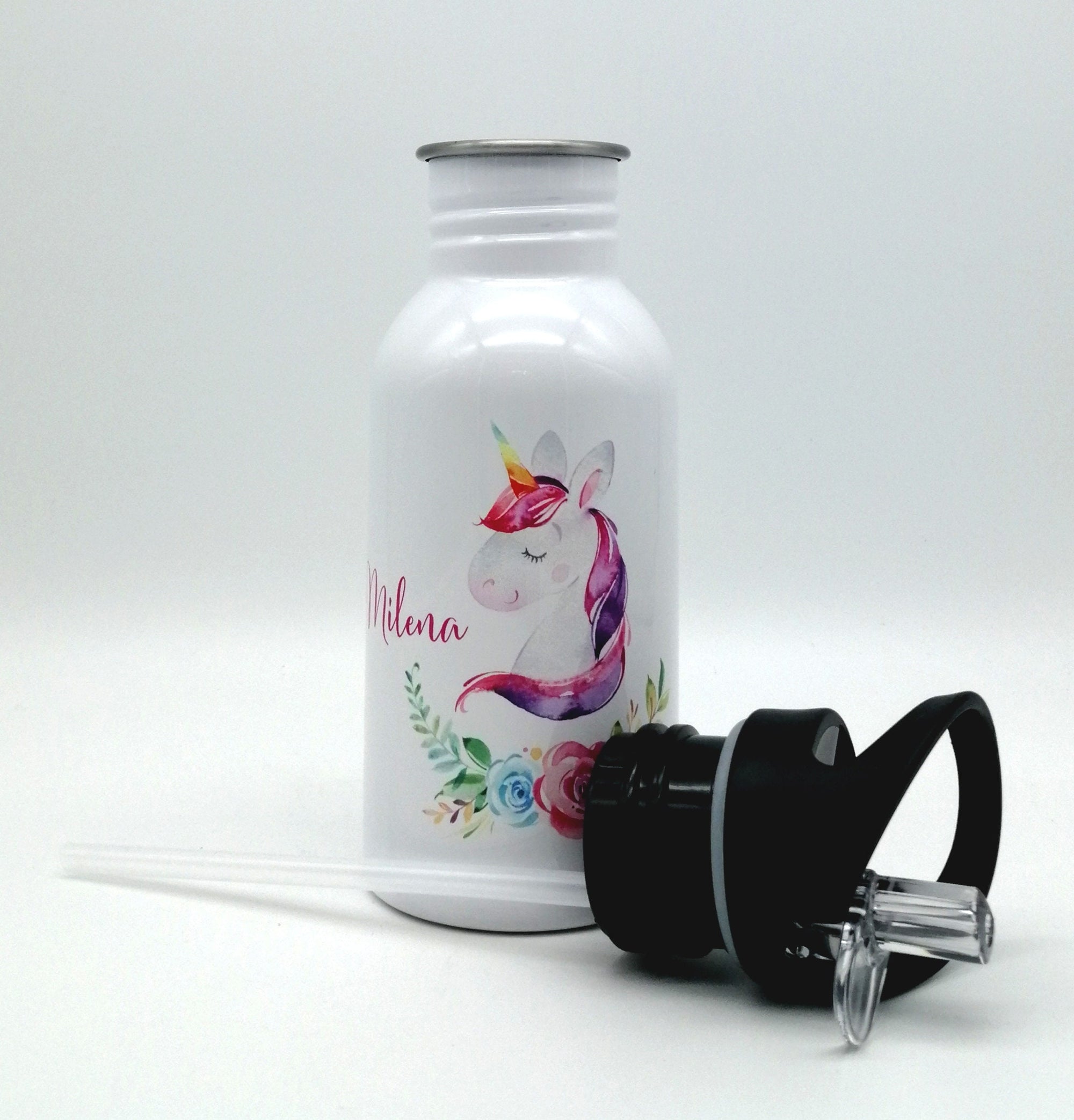 Trinkflasche mit Namen "Einhorn Blumen"/ Kindergarten/ Schule/ Sport/ 500ml mit Strohhalm