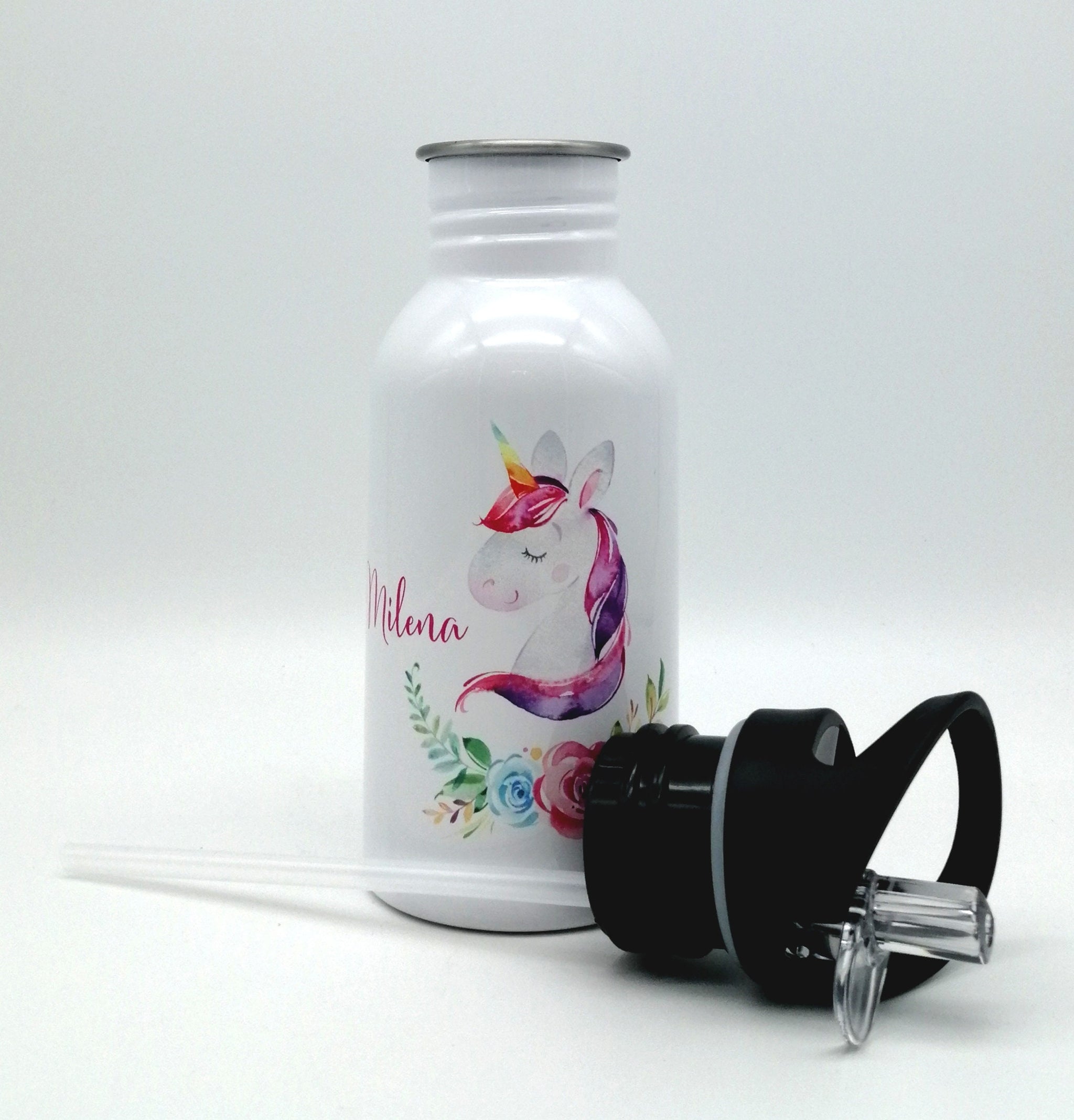 Trinkflasche mit Namen "Einhorn Blumen"/ Kindergarten/ Schule/ Sport/ 500ml mit Strohhalm
