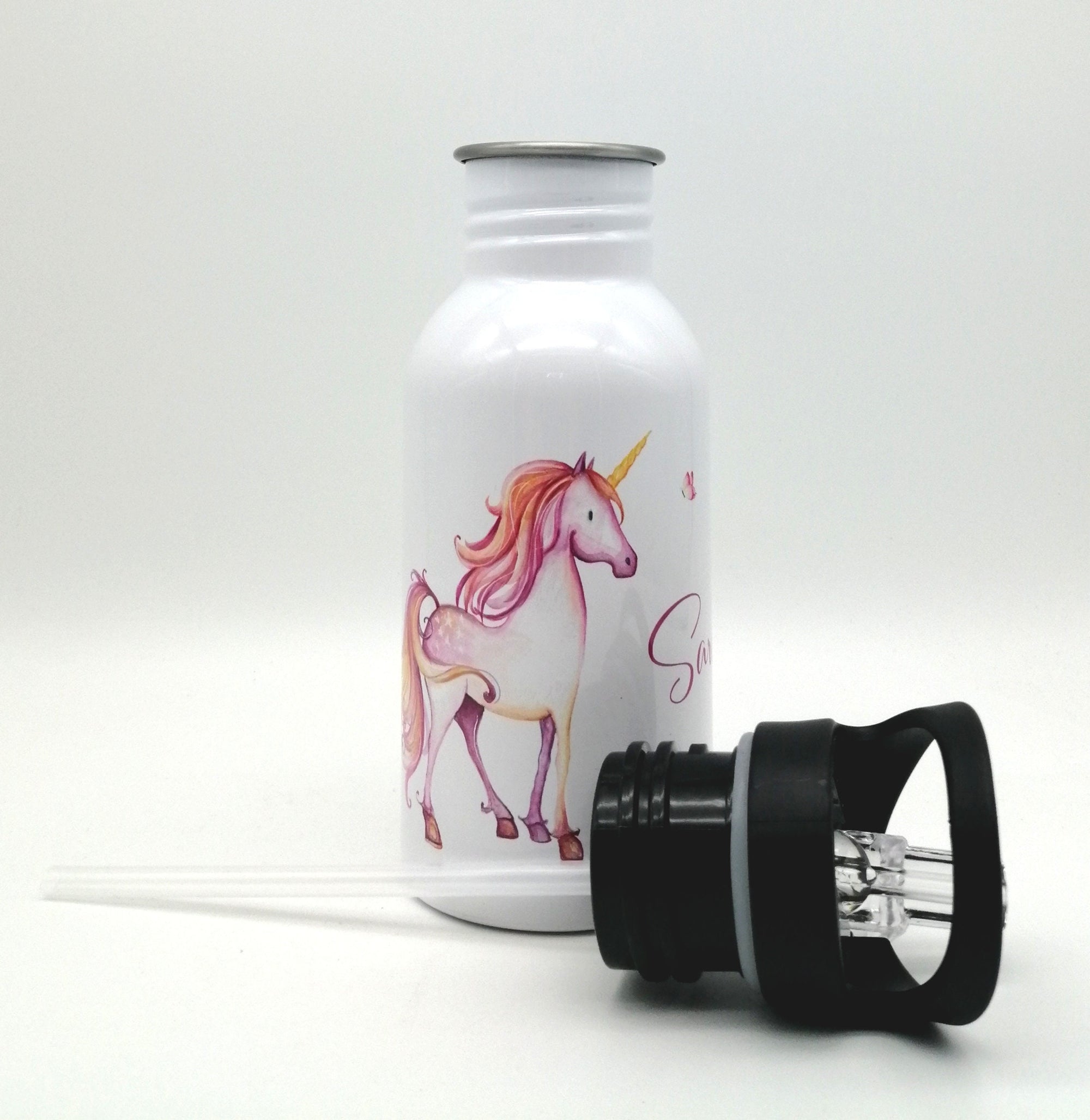 Trinkflasche mit Namen "Einhorn"/ Kindergarten/ Schule/ Sport/ 500ml mit Strohhalm