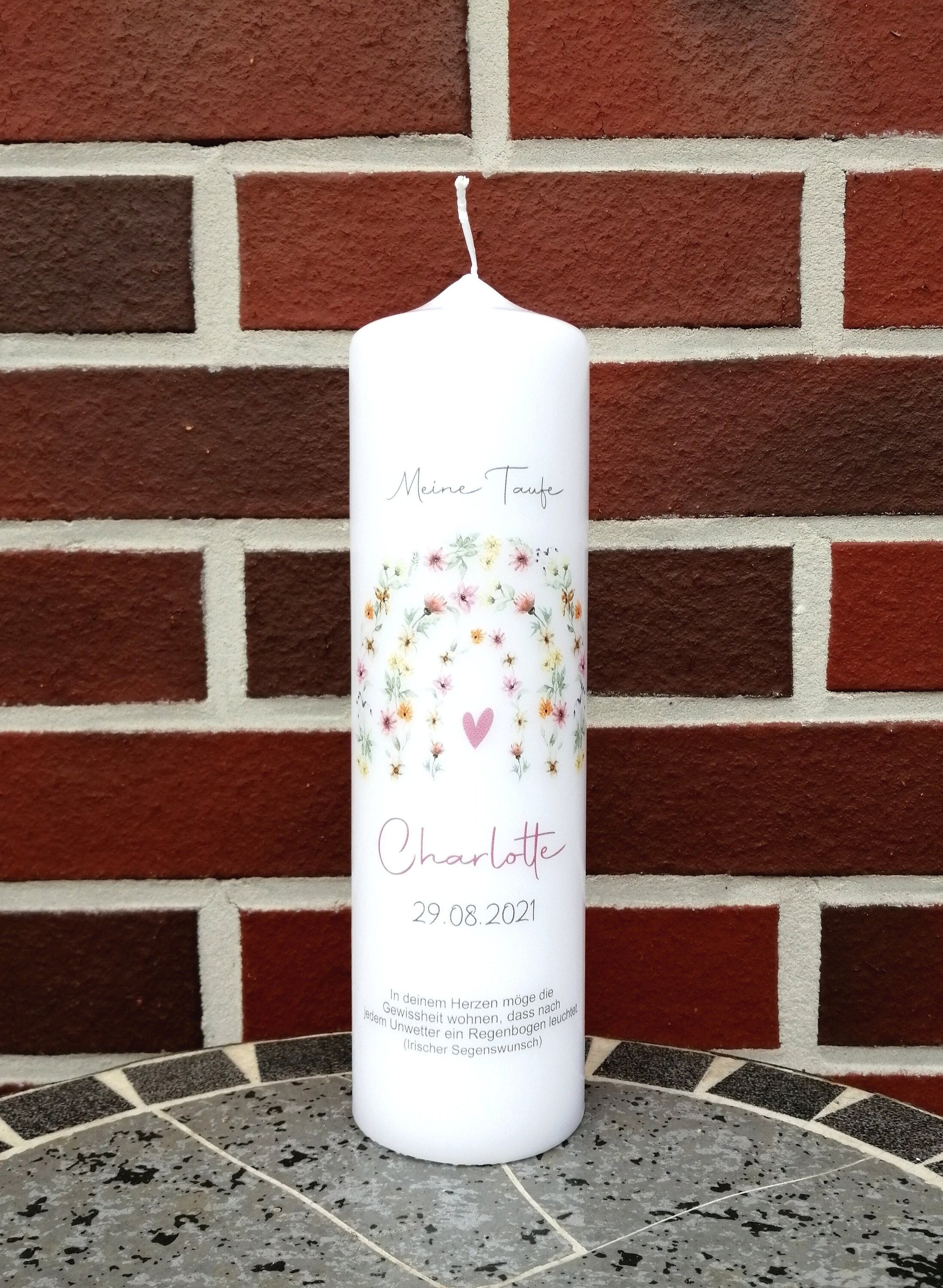 Taufkerze personalisiert mit Namen Datum und Taufspruch "Regenbogen floral", Patenkerze, Taufkerze Regenbogen, Taufgeschenk
