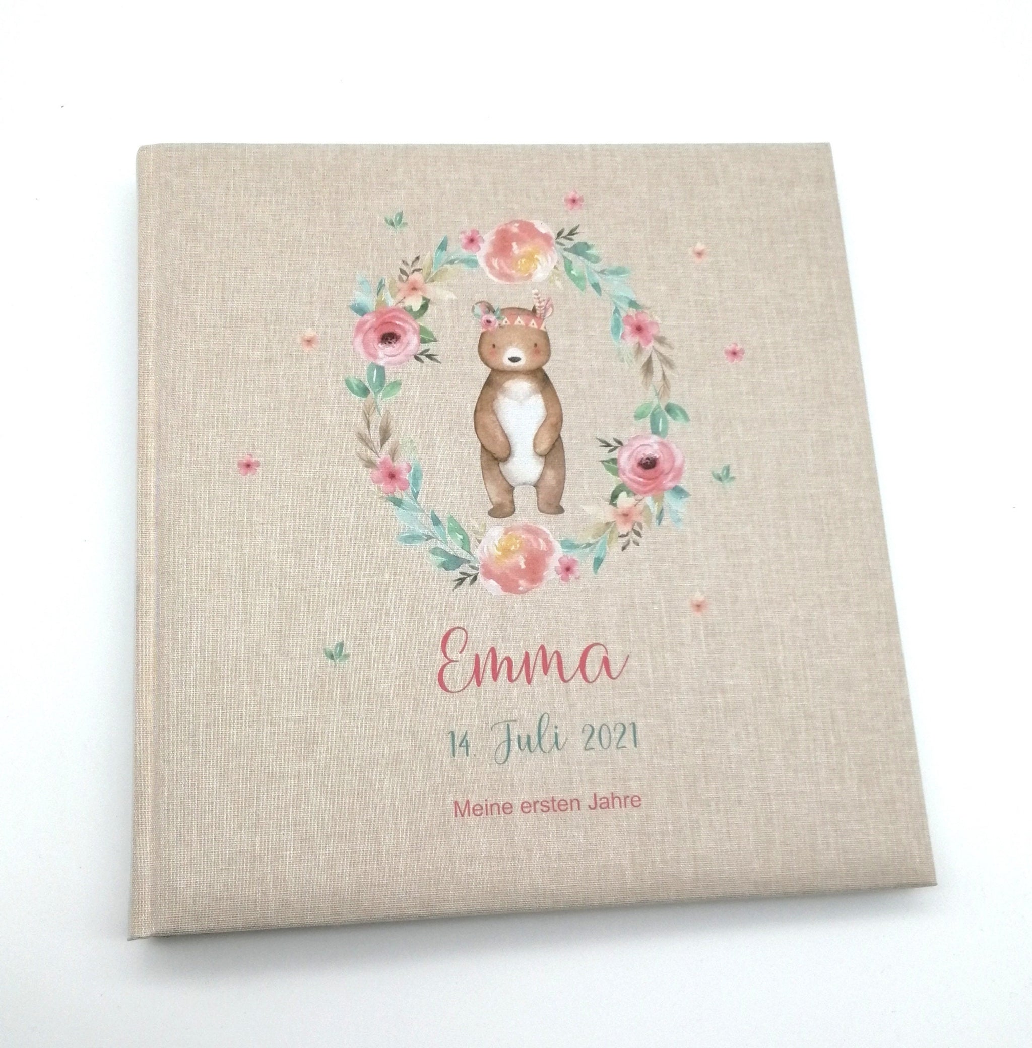Fotoalbum personalisiert Baby, Kind "Boho Bär" Leinen, Erinnerungsalbum