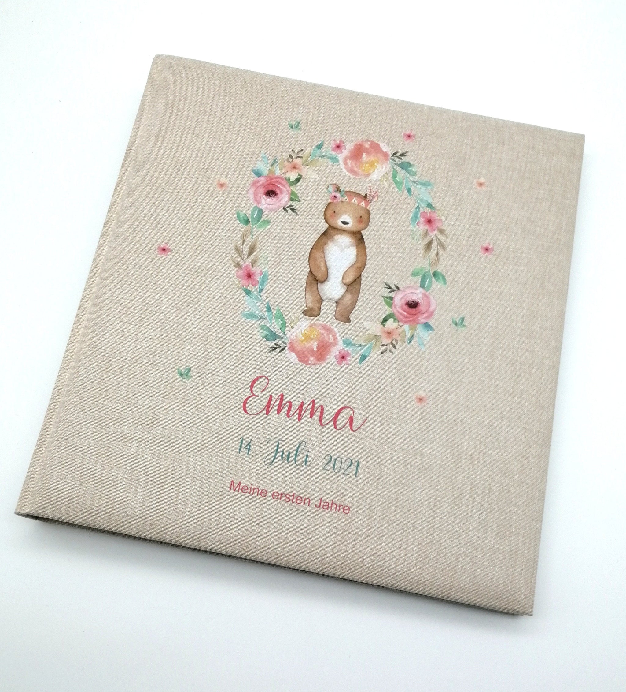Fotoalbum personalisiert Baby, Kind "Boho Bär" Leinen, Erinnerungsalbum