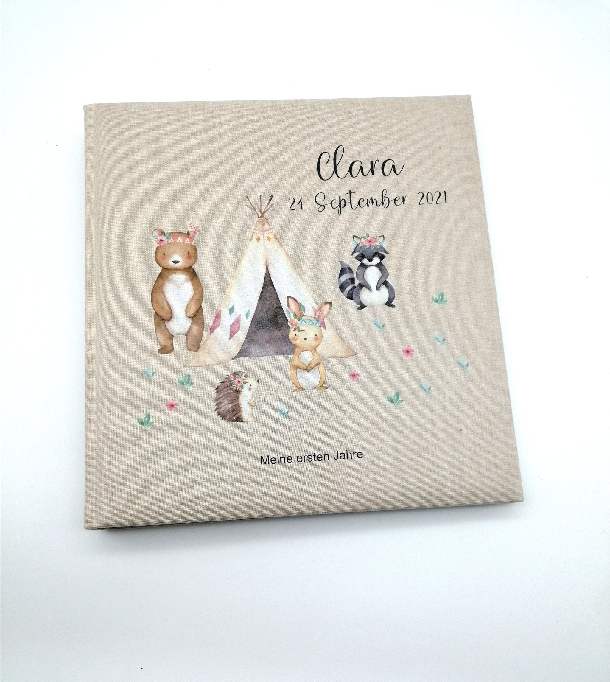 Fotoalbum personalisiert Baby, Kind "Boho Waldtiere" Leinen, Erinnerungsalbum