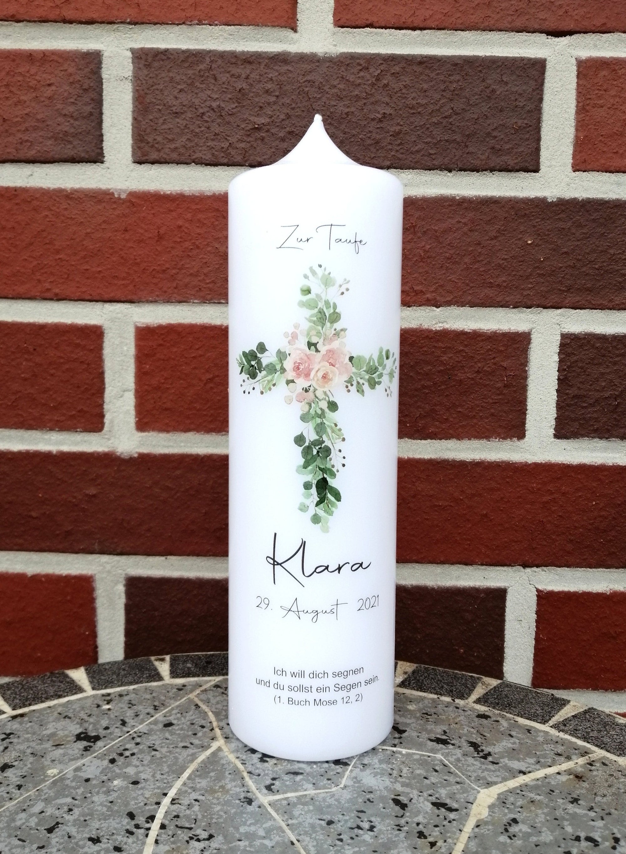 Taufkerze personalisiert mit Namen Datum und Taufspruch "Kreuz floral Blume", Junge/ Mädchen