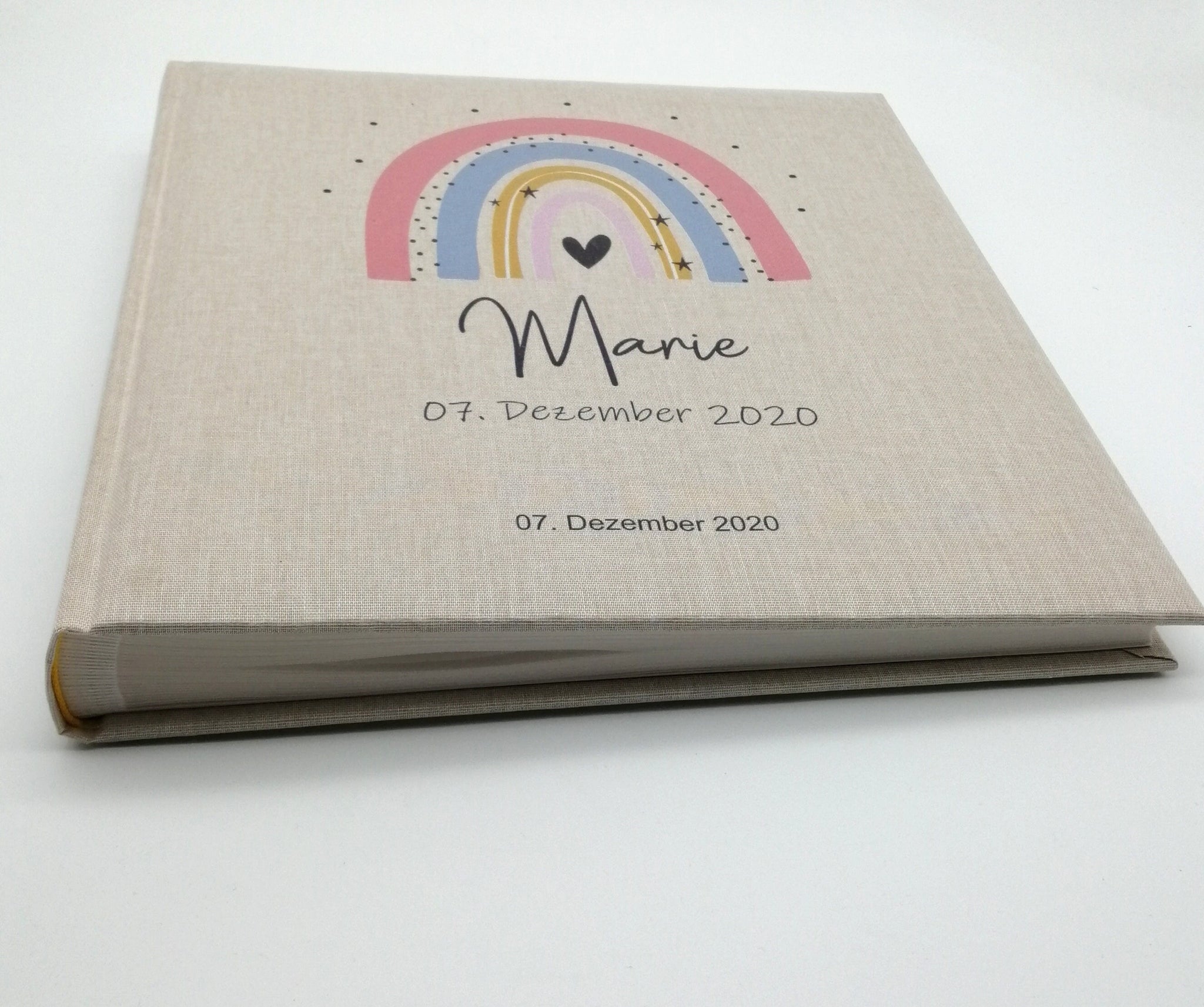 Fotoalbum personalisiert Baby, Kind "Regenbogen pfirsich" Leinen, Erinnerungsalbum