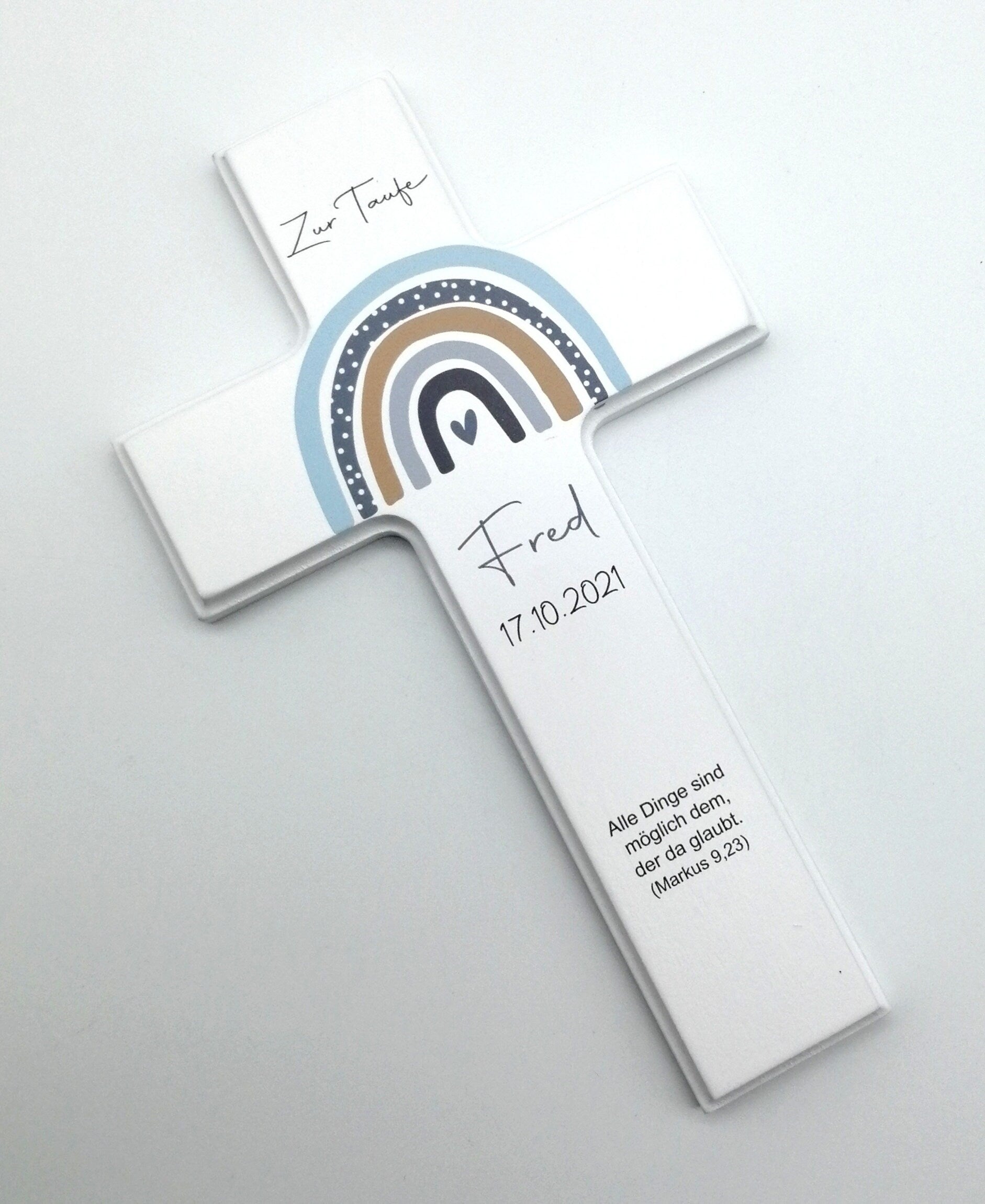 Taufkreuz / Kinderkreuz personalisiert "Regenbogen Punkte" Wandkreuz aus Holz