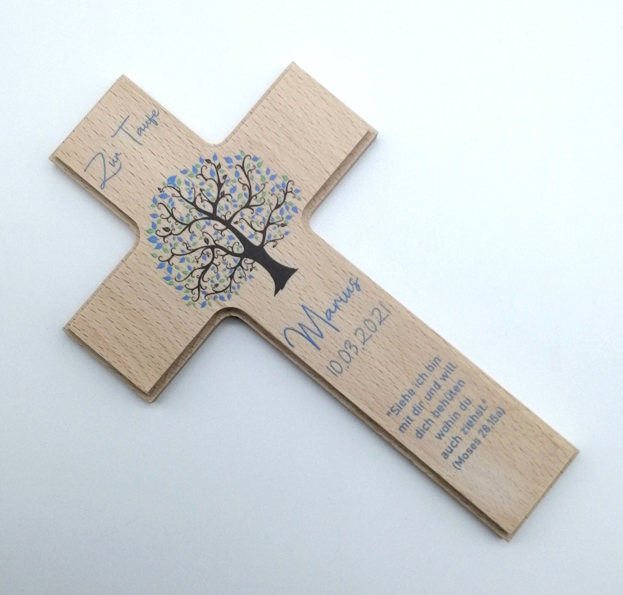 Taufkreuz / Kinderkreuz personalisiert "Baum blau" Wandkreuz aus Holz
