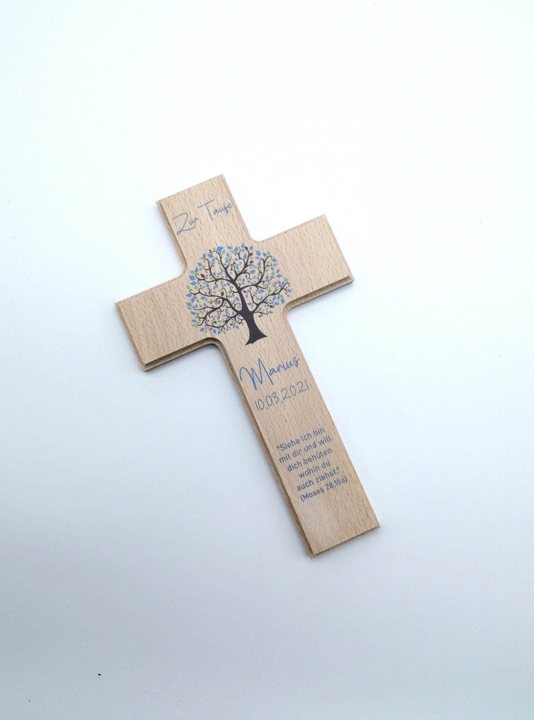Taufkreuz / Kinderkreuz personalisiert "Baum blau" Wandkreuz aus Holz