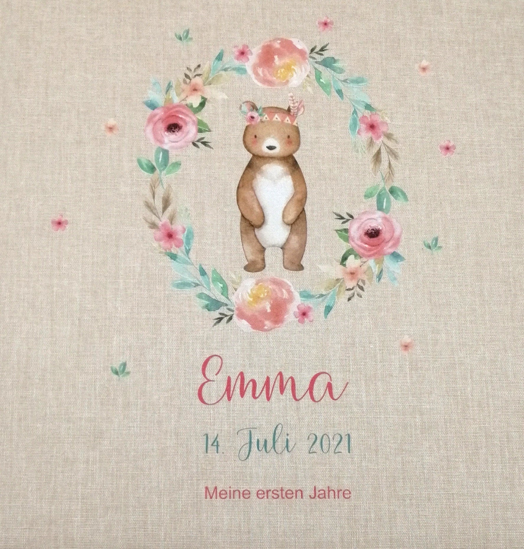 Fotoalbum personalisiert Baby, Kind "Boho Bär" Leinen, Erinnerungsalbum