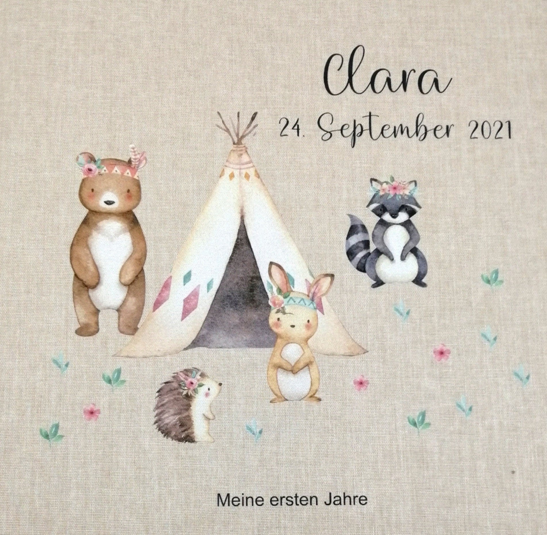 Fotoalbum personalisiert Baby, Kind "Boho Waldtiere" Leinen, Erinnerungsalbum